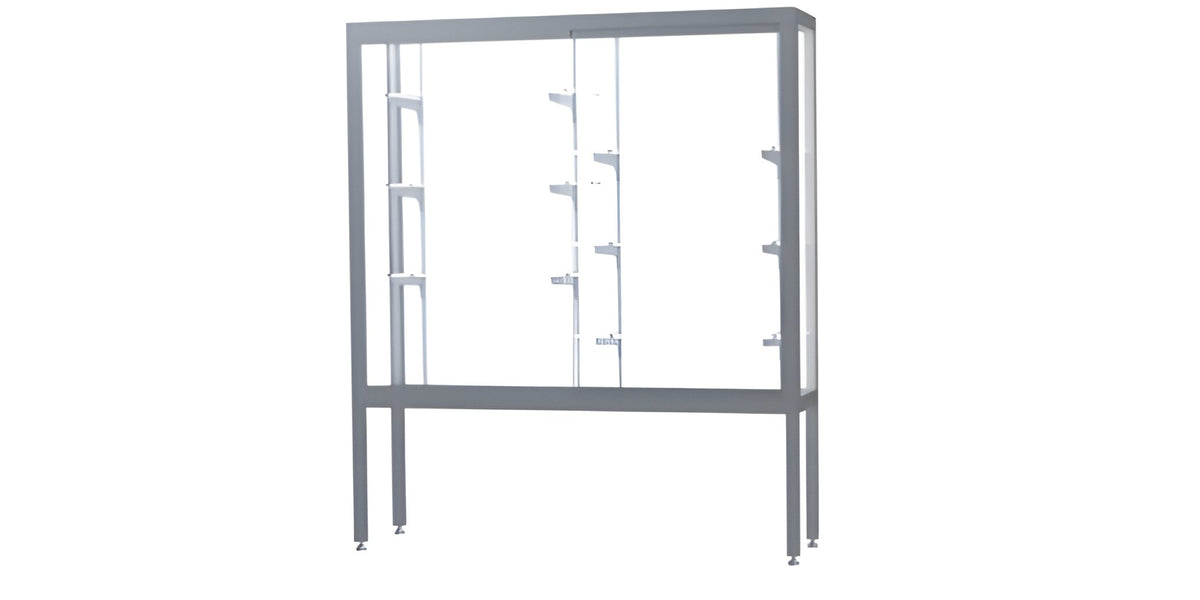 Challenger Aluminum Display Case, White Laminate Back w/ Satin Natural aluminum frame finish, 66"H x 60"W x 16"D