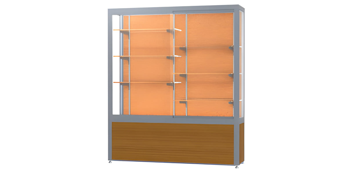 Challenger Light Oak Vinyl Display Case, Cork Back w/ Satin Natural aluminum frame finish, 66"H x 60"W x 16"D
