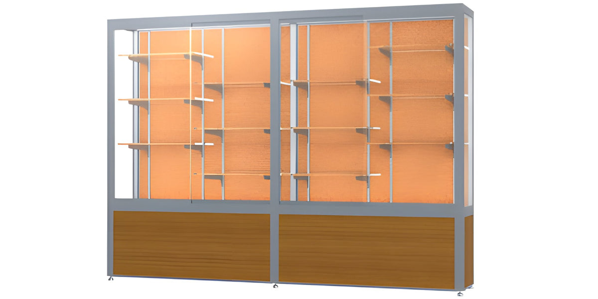Challenger Light Oak Vinyl Display Case, Cork Back w/ Satin Natural aluminum frame finish, 66"H x 96"W x 16"D