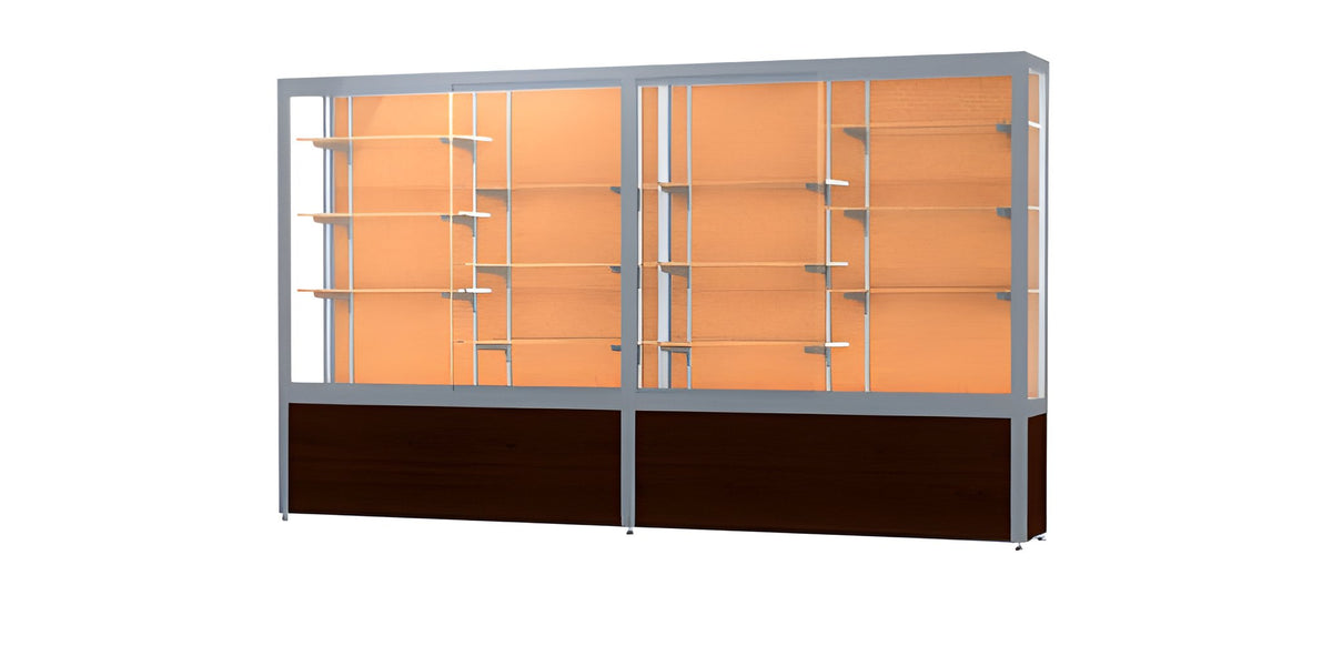 Challenger Walnut Vinyl Display Case, Cork Back w/ Satin Natural aluminum frame finish, 66"H x 120"W x 16"D
