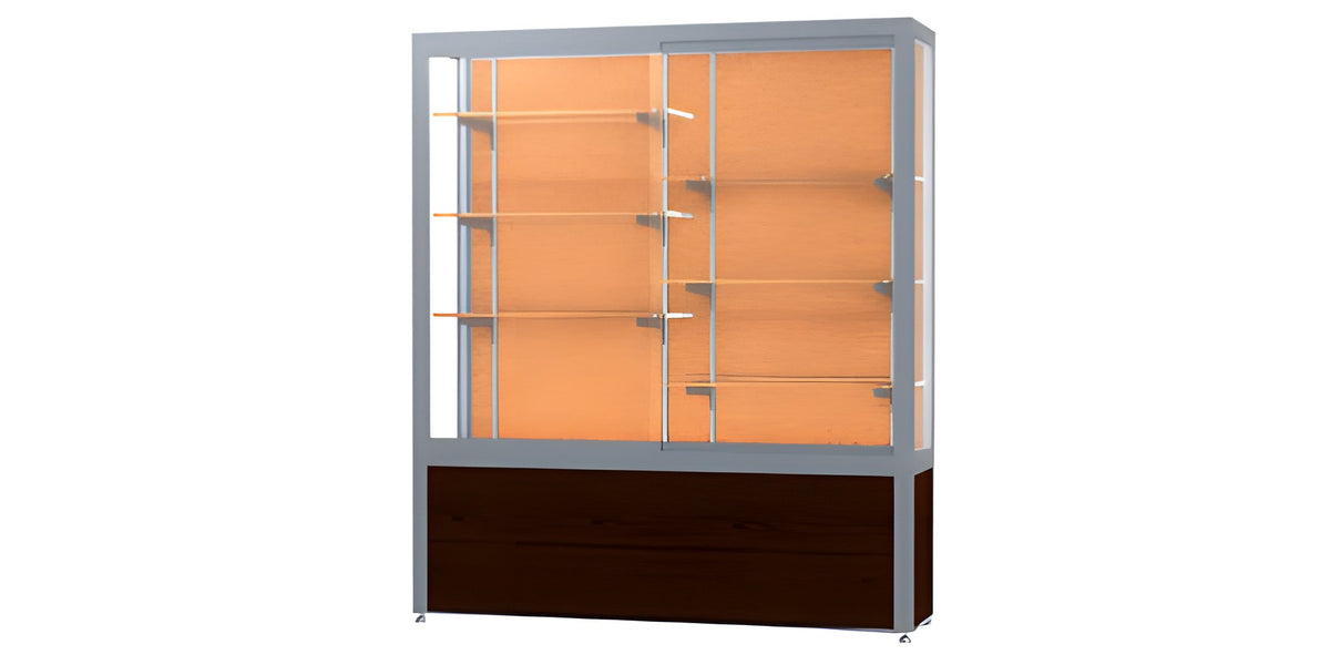 Challenger Walnut Vinyl Display Case, Cork Back w/ Satin Natural aluminum frame finish, 66"H x 60"W x 16"D