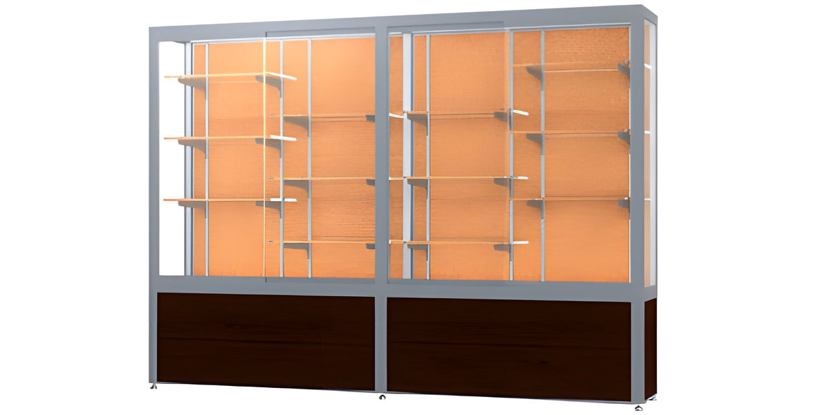 Challenger Walnut Vinyl Display Case, Cork Back w/ Satin Natural aluminum frame finish, 66"H x 96"W x 16"D