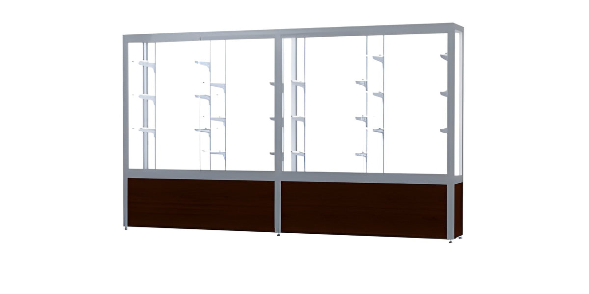 Challenger Walnut Vinyl Display Case, White Laminate Back w/ Satin Natural aluminum frame finish, 66"H x 120"W x 16"D