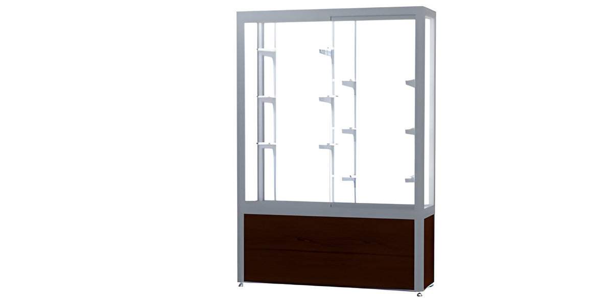 Challenger Walnut Vinyl Display Case, White Laminate Back w/ Satin Natural aluminum frame finish, 66"H x 48"W x 16"D