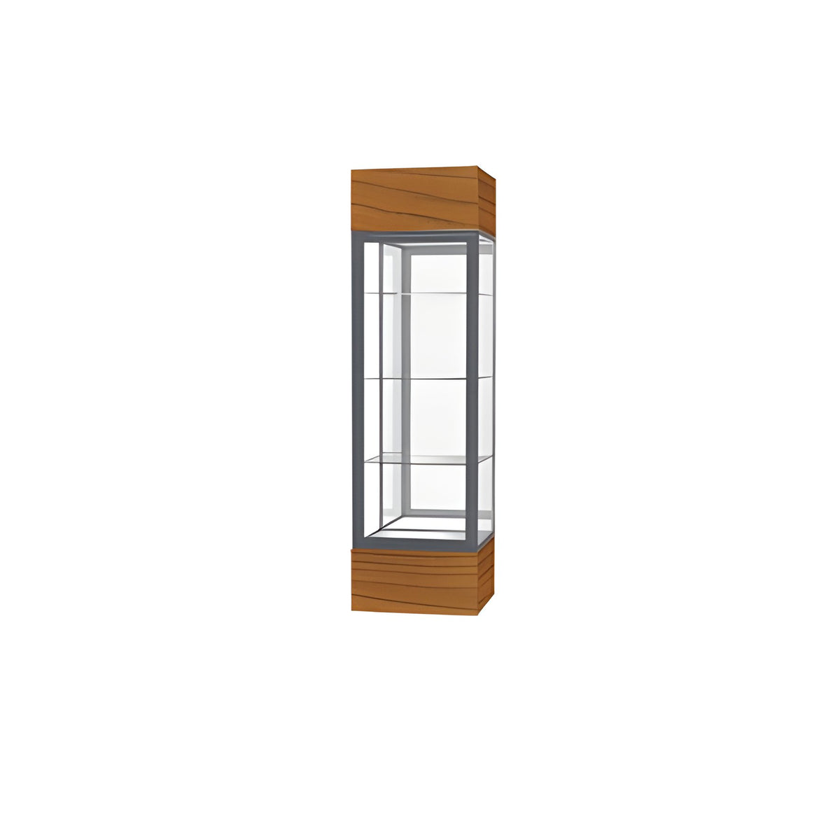 Keepsake Carmel Oak Lighted Display Case w/ Mirror back and Satin Natural Aluminum Frame, 80"H x 24"W x 24"D