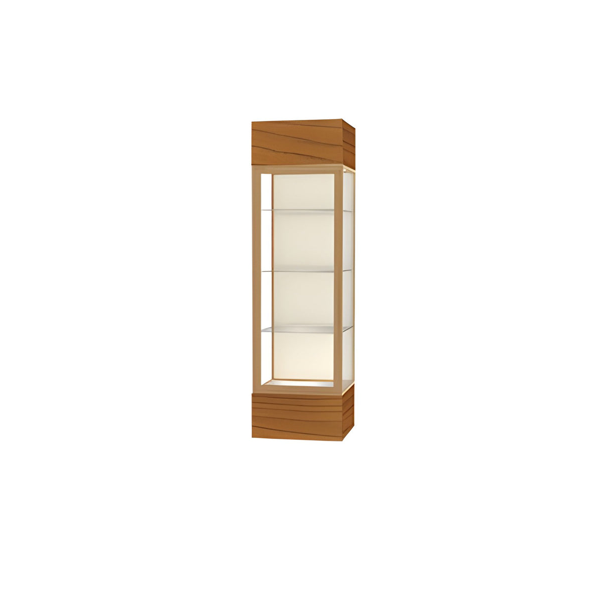 Keepsake Carmel Oak Lighted Display Case w/ Plaque Fabric back and Champagne Aluminum Frame, 80"H x 24"W x 24"D
