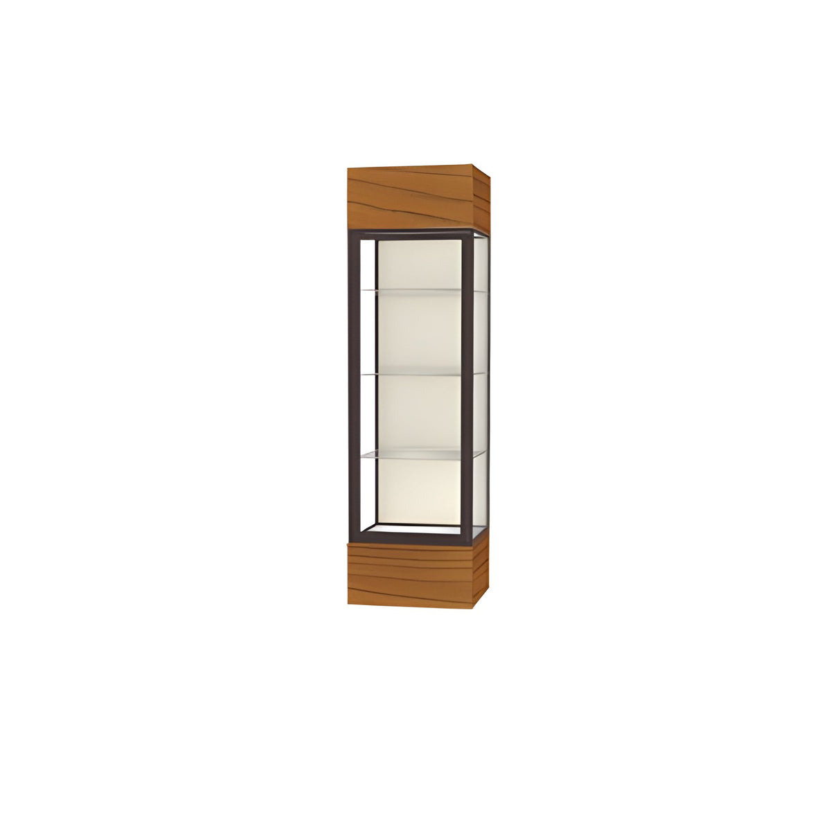 Keepsake Carmel Oak Lighted Display Case w/ Plaque Fabric back and Dark Bronze Aluminum Frame, 80"H x 24"W x 24"D