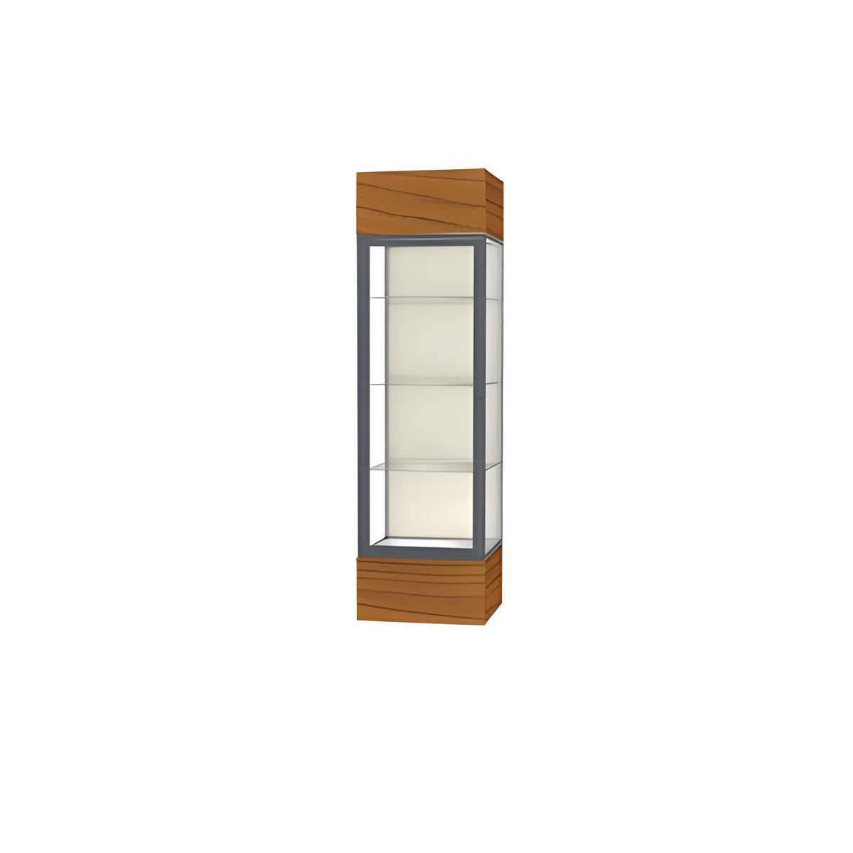 Keepsake Carmel Oak Lighted Display Case w/ Plaque Fabric back and Satin Natural Aluminum Frame, 80"H x 24"W x 24"D