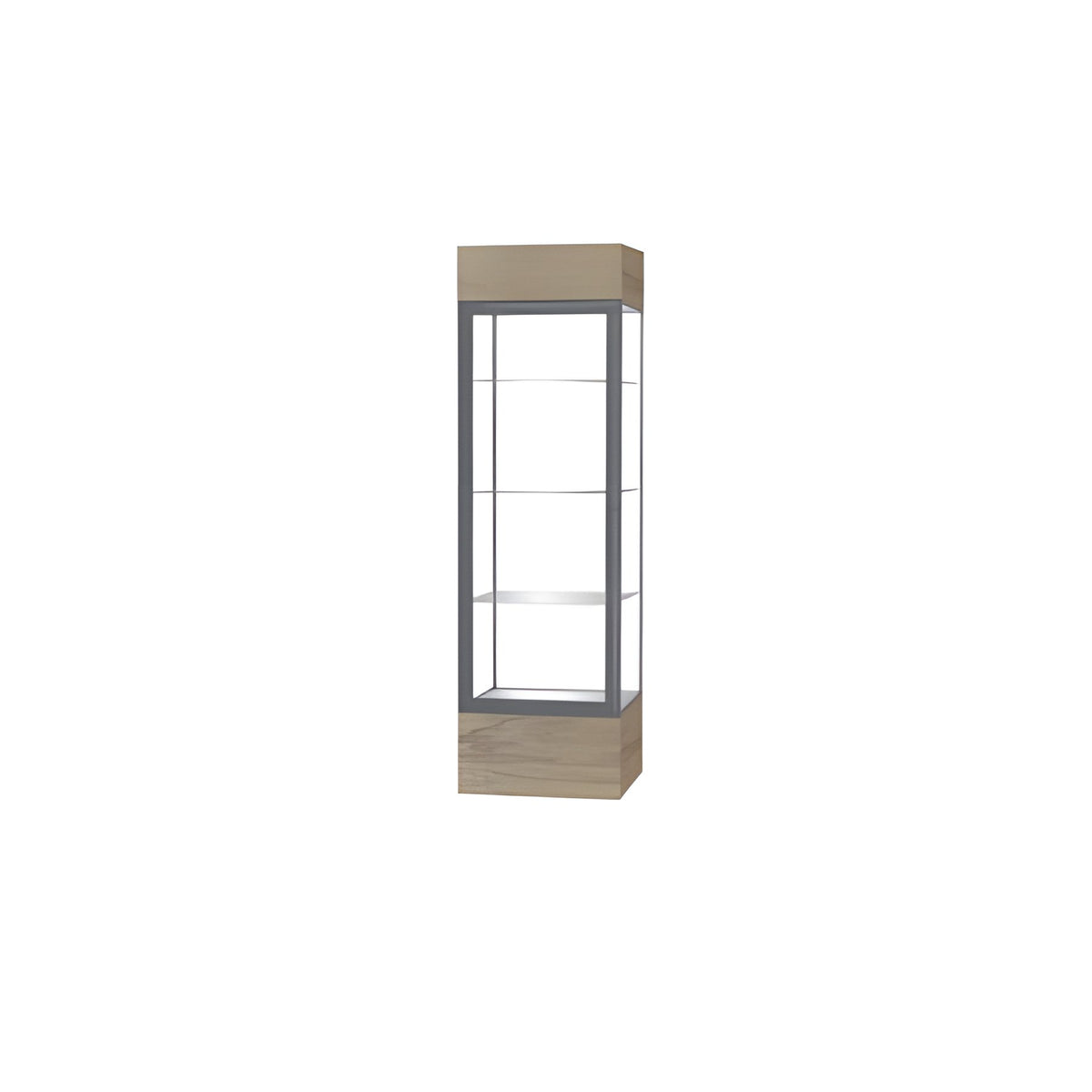 Keepsake Driftwood Oak Lighted Display Case w/ Clear Glass back and Satin Natural Aluminum Frame, 80"H x 24"W x 24"D