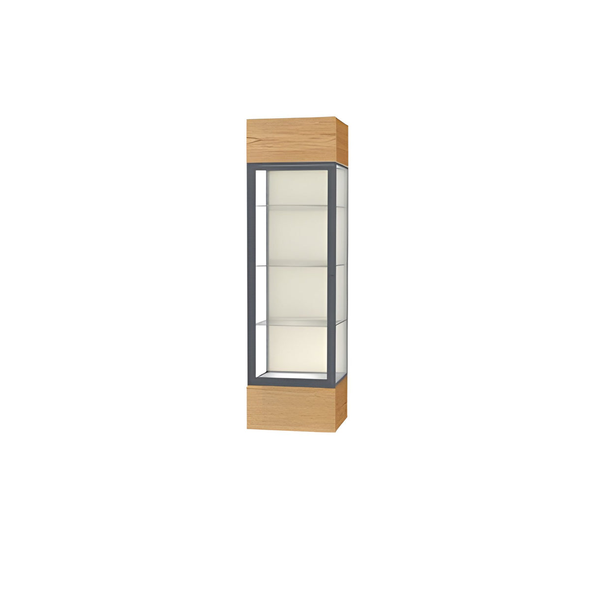 Keepsake Light Oak Vinyl Lighted Display Case w/ Plaque Fabric back and Satin Natural Aluminum Frame, 80"H x 24"W x 24"D