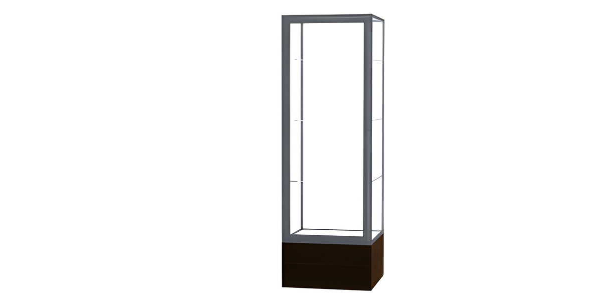Keepsake Walnut Vinyl Floor Display Case w/ Clear Glass back and Satin Natural Aluminum Frame, 72"H x 24"W x 24"D