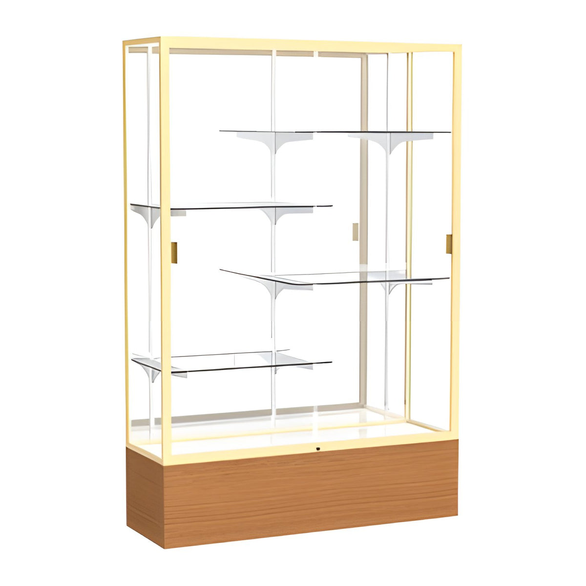 Reliant Carmel Oak case, Mirror Back w/ Champagne aluminum frame finish, 72"H x 48"W x 16"D