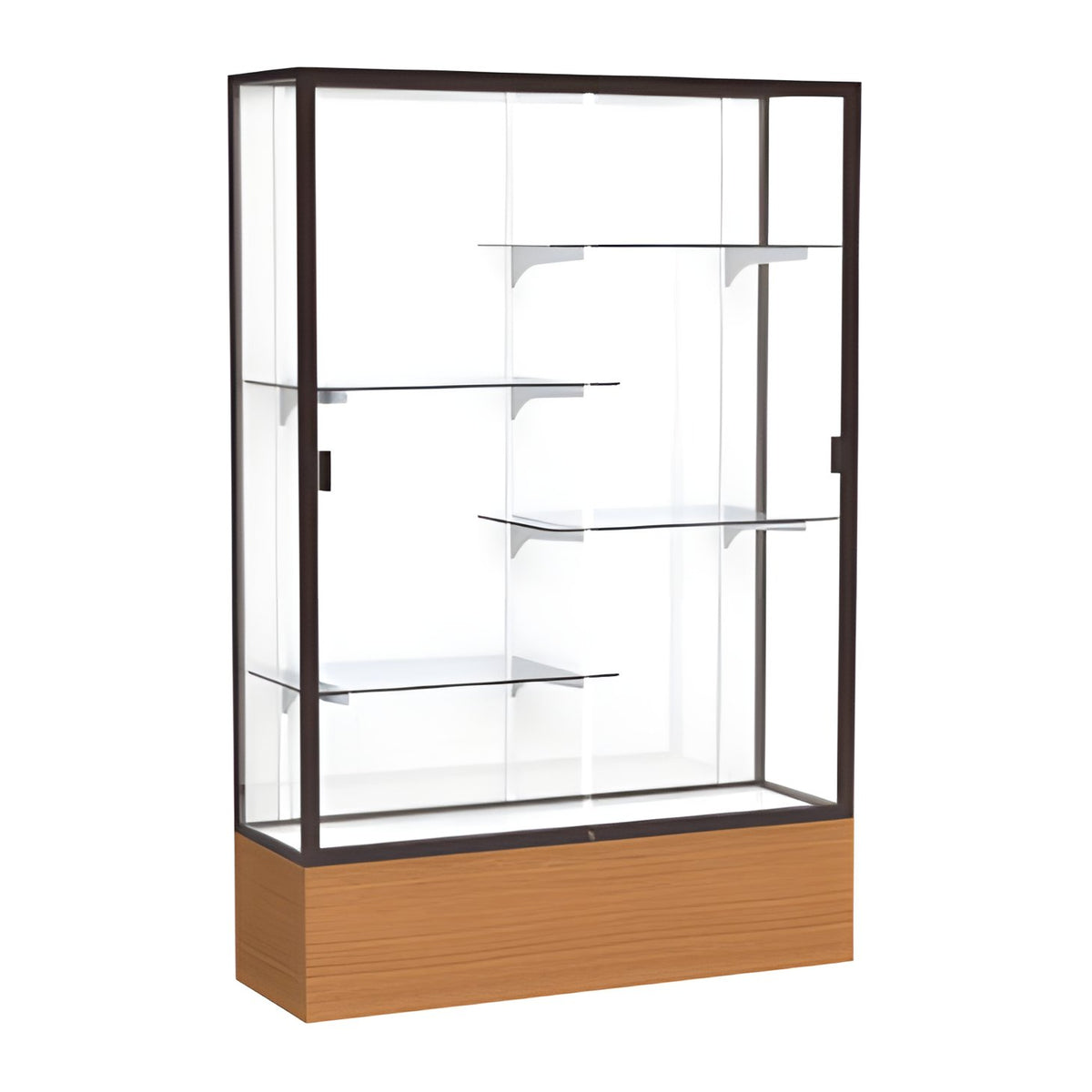 Reliant Carmel Oak case, White Laminate Back w/ Dark Bronze aluminum frame finish, 72"H x 48"W x 16"D