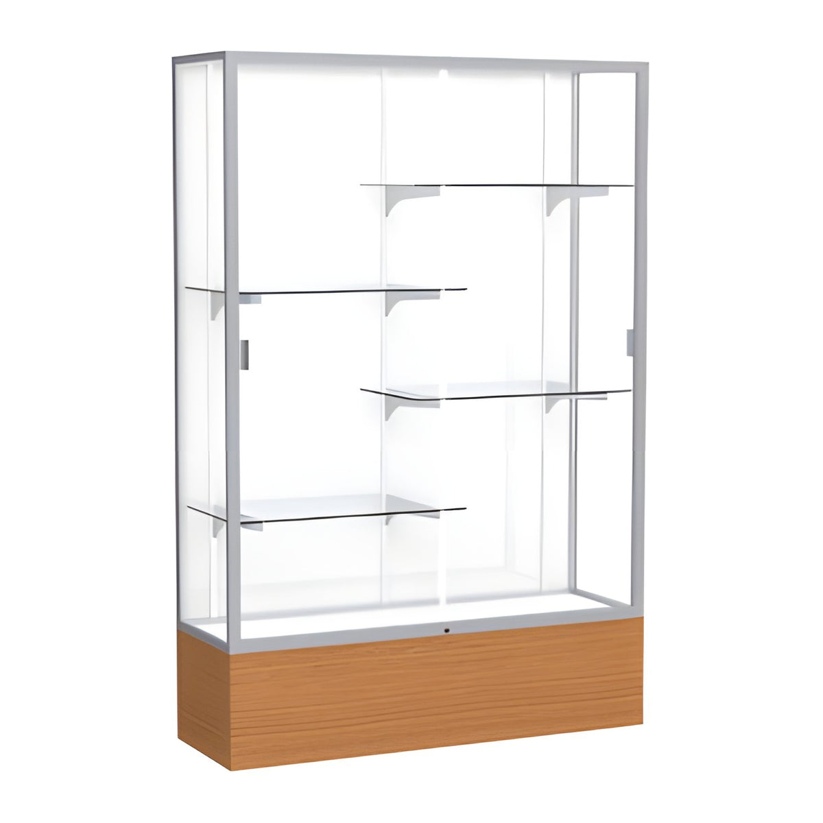 Reliant Carmel Oak case, White Laminate Back w/ Satin Natural aluminum frame finish, 72"H x 48"W x 16"D