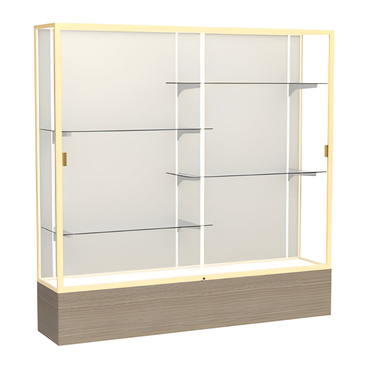 Reliant Driftwood Oak case, Plaque Fabric Back w/ Champagne aluminum frame finish, 72"H x 72"W x 16"D