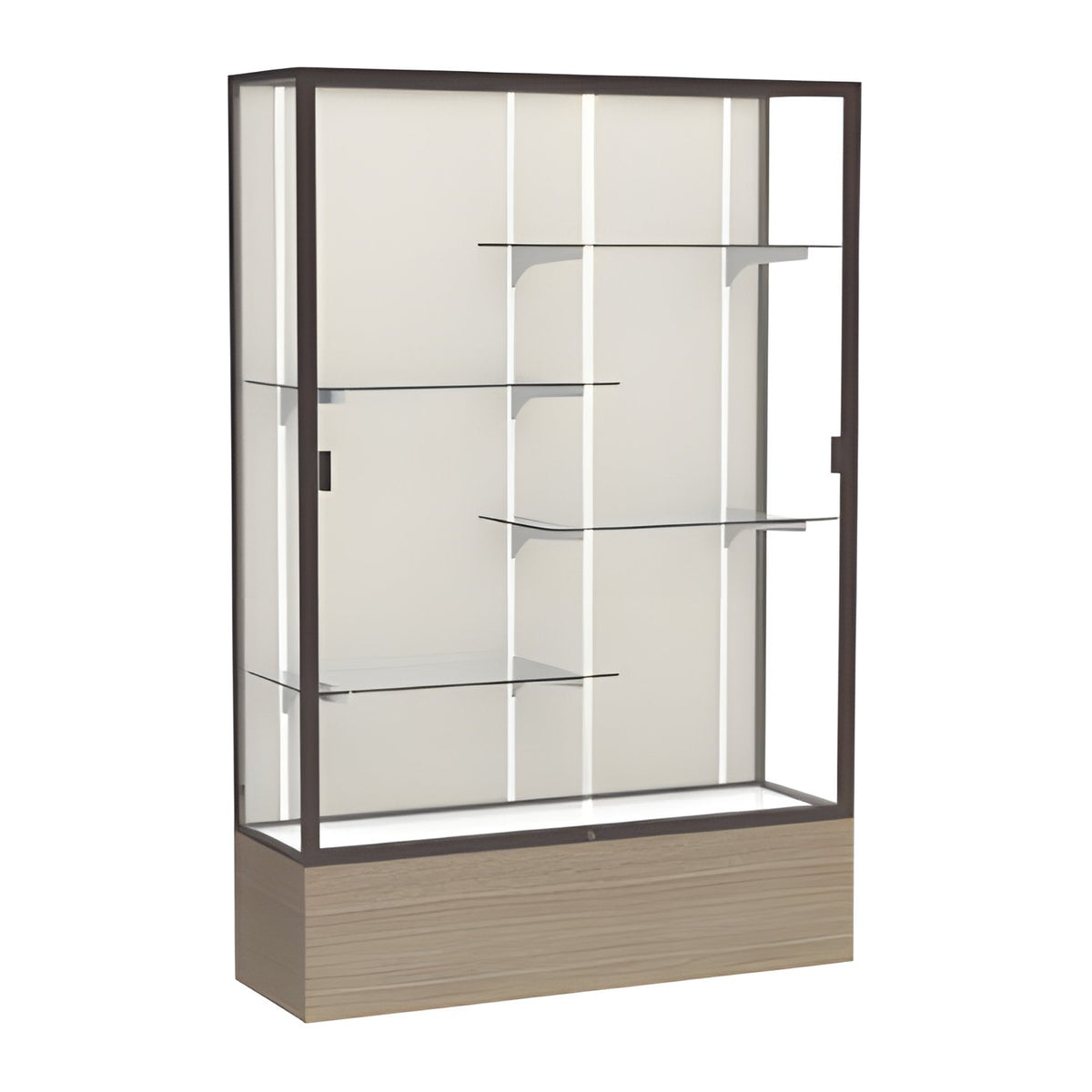 Reliant Driftwood Oak case, Plaque Fabric Back w/ Dark Bronze aluminum frame finish, 72"H x 48"W x 16"D