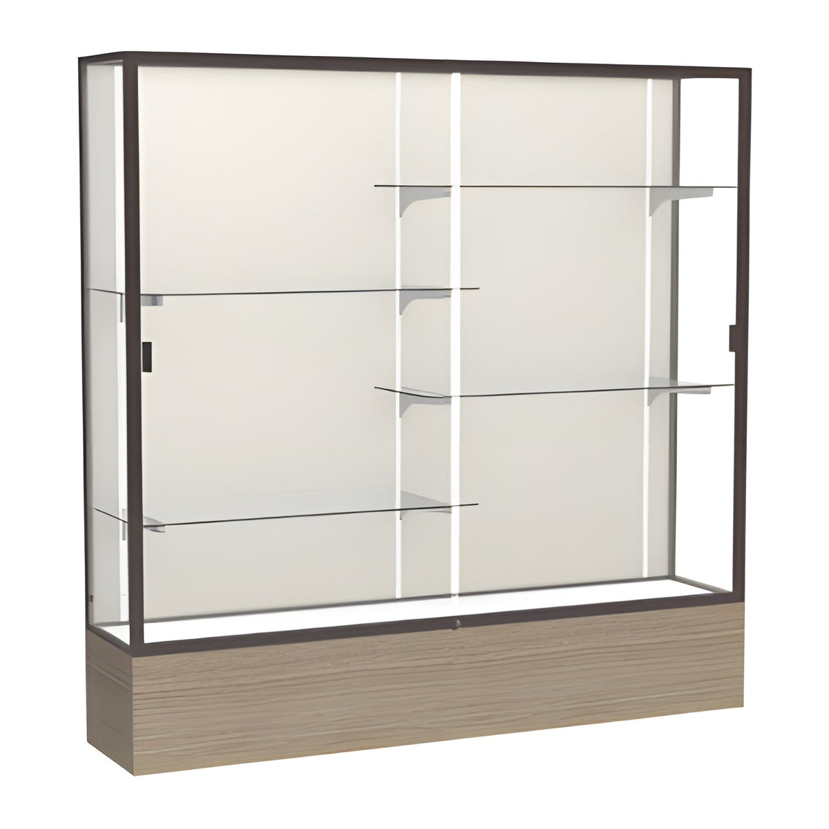 Reliant Driftwood Oak case, Plaque Fabric Back w/ Dark Bronze aluminum frame finish, 72"H x 72"W x 16"D