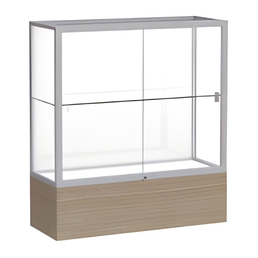 Reliant Driftwood Oak case, White Laminate Back w/ Satin Natural aluminum frame finish, 40"H x 36"W x 14"D