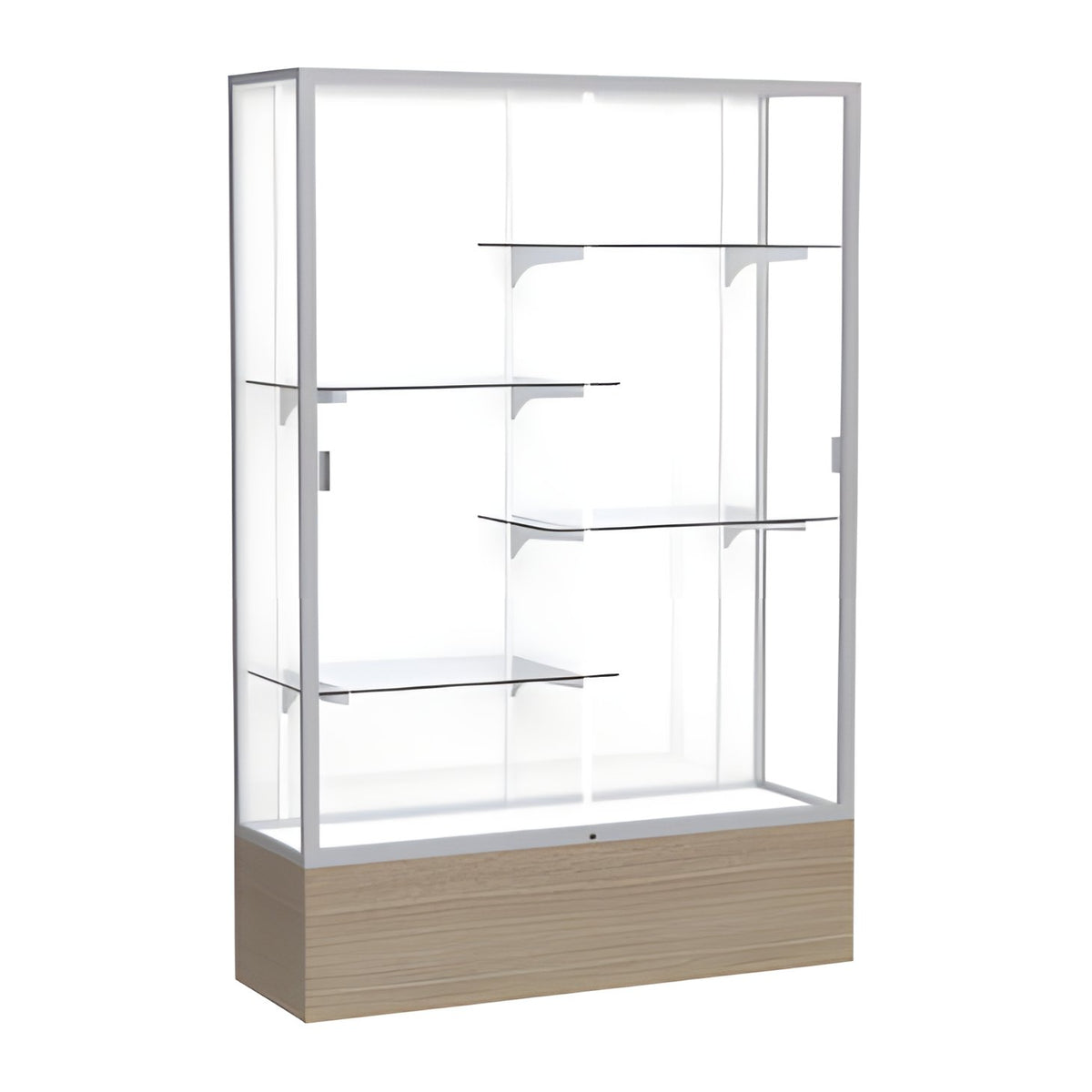 Reliant Driftwood Oak case, White Laminate Back w/ Satin Natural aluminum frame finish, 72"H x 48"W x 16"D