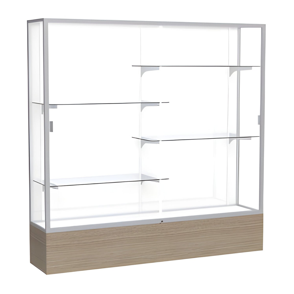 Reliant Driftwood Oak case, White Laminate Back w/ Satin Natural aluminum frame finish, 72"H x 72"W x 16"D