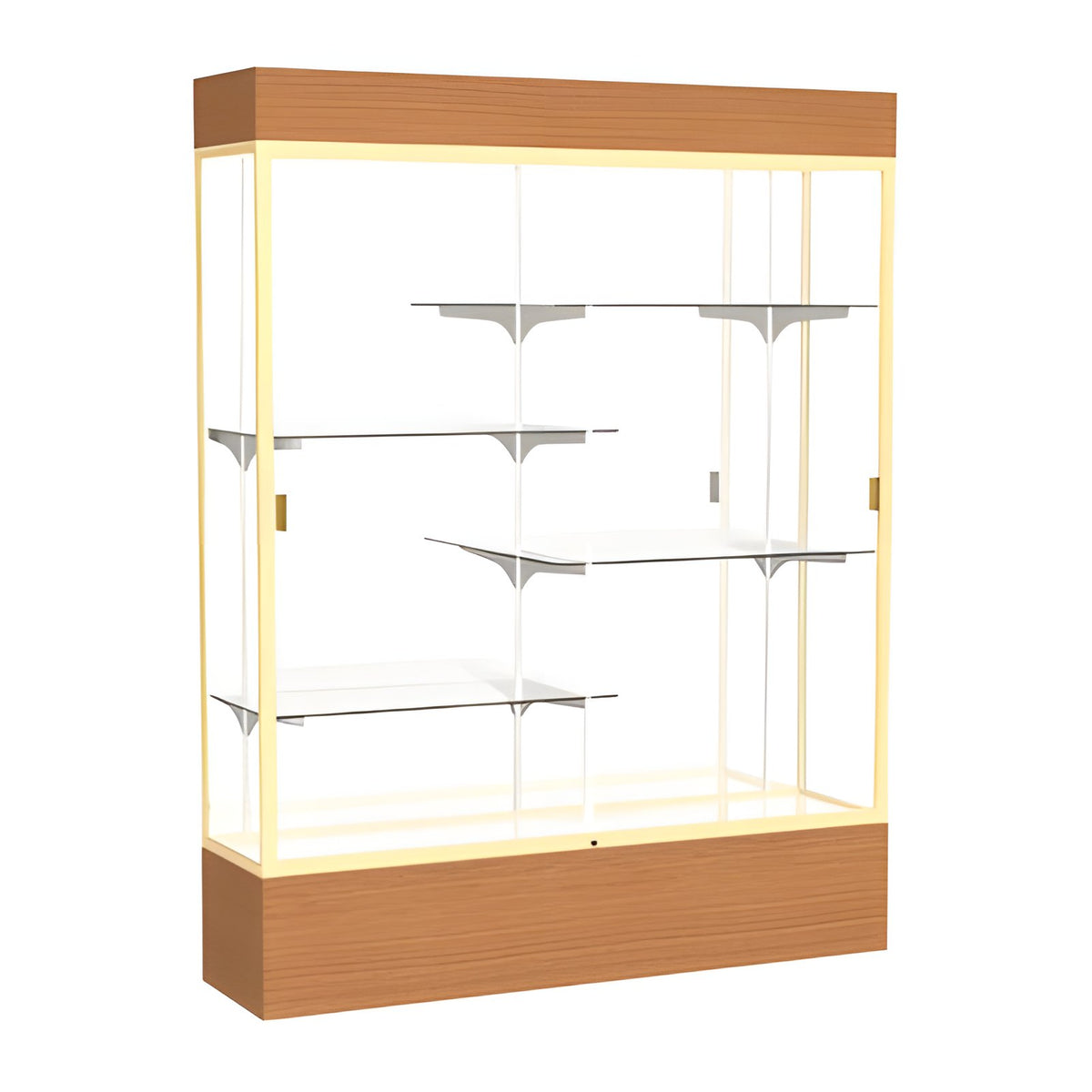 Reliant Lighted Carmel Oak case, Mirror Back w/ Champagne aluminum frame finish, 80"H x 60"W x 16"D