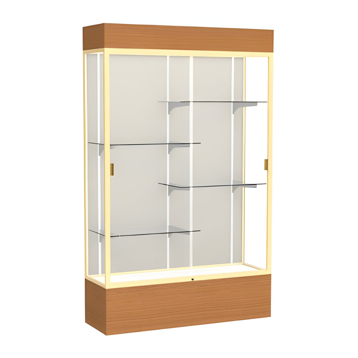 Reliant Lighted Carmel Oak case, Plaque Fabric Back w/ Champagne aluminum frame finish, 80"H x 48"W x 16"D