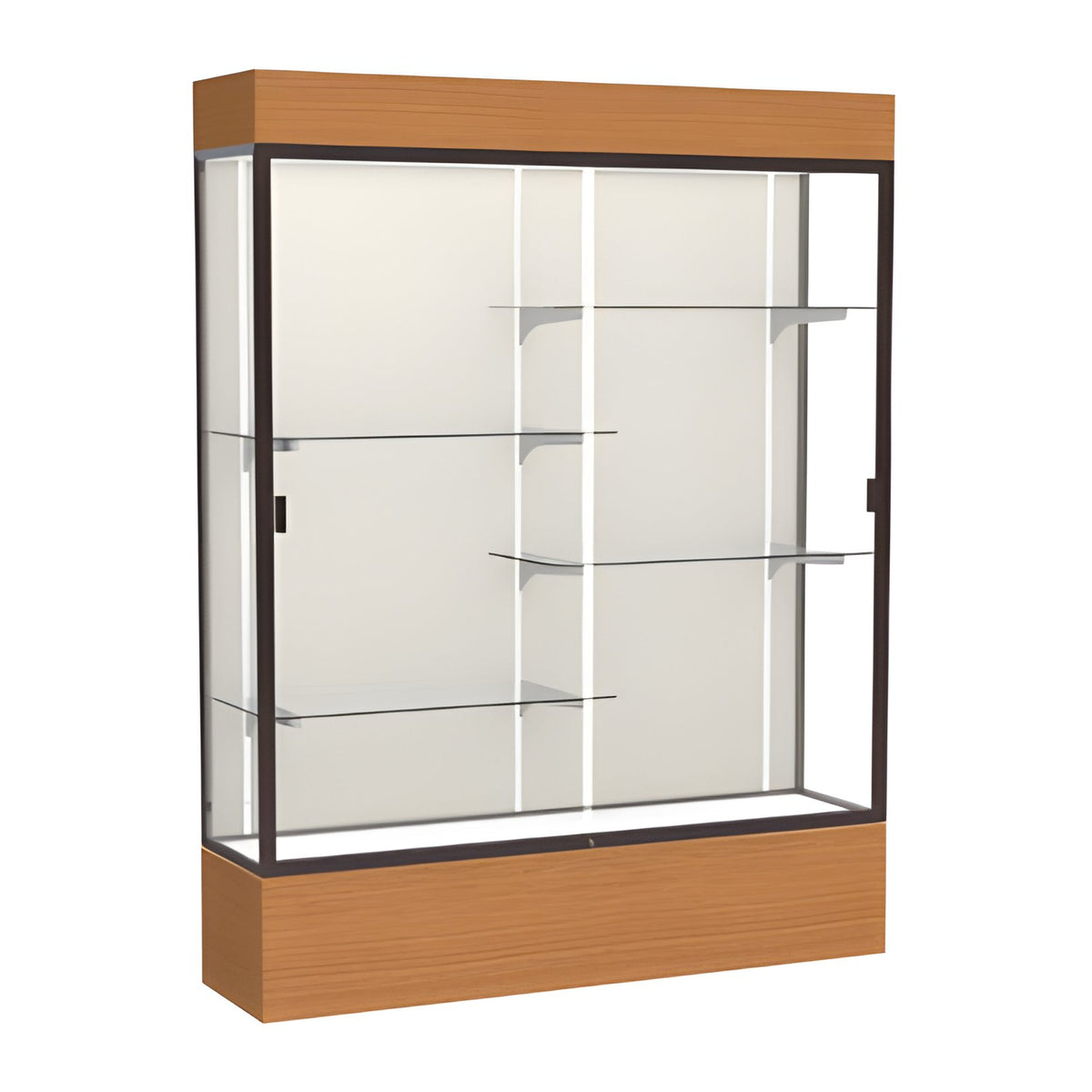 Reliant Lighted Carmel Oak case, Plaque Fabric Back w/ Dark Bronze aluminum frame finish, 80"H x 60"W x 16"D