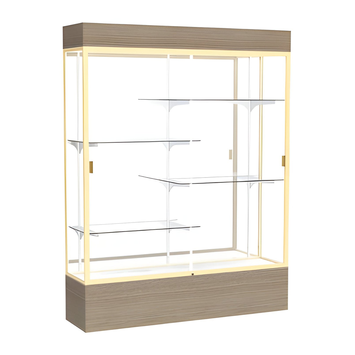 Reliant Lighted Driftwood Oak case, Mirror Back w/ Champagne aluminum frame finish, 80"H x 60"W x 16"D