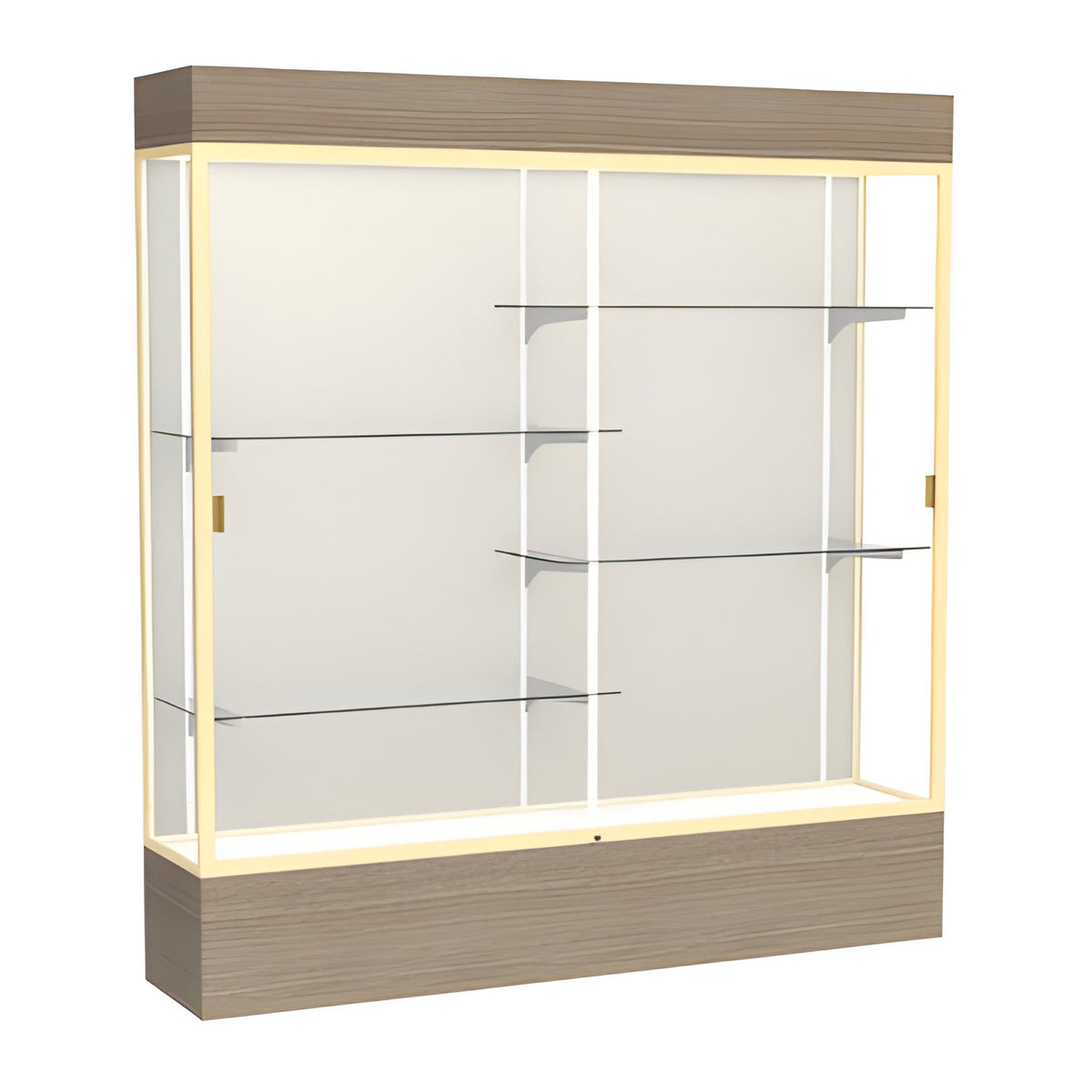 Reliant Lighted Driftwood Oak case, Plaque Fabric Back w/ Champagne aluminum frame finish, 80"H x 72"W x 16"D