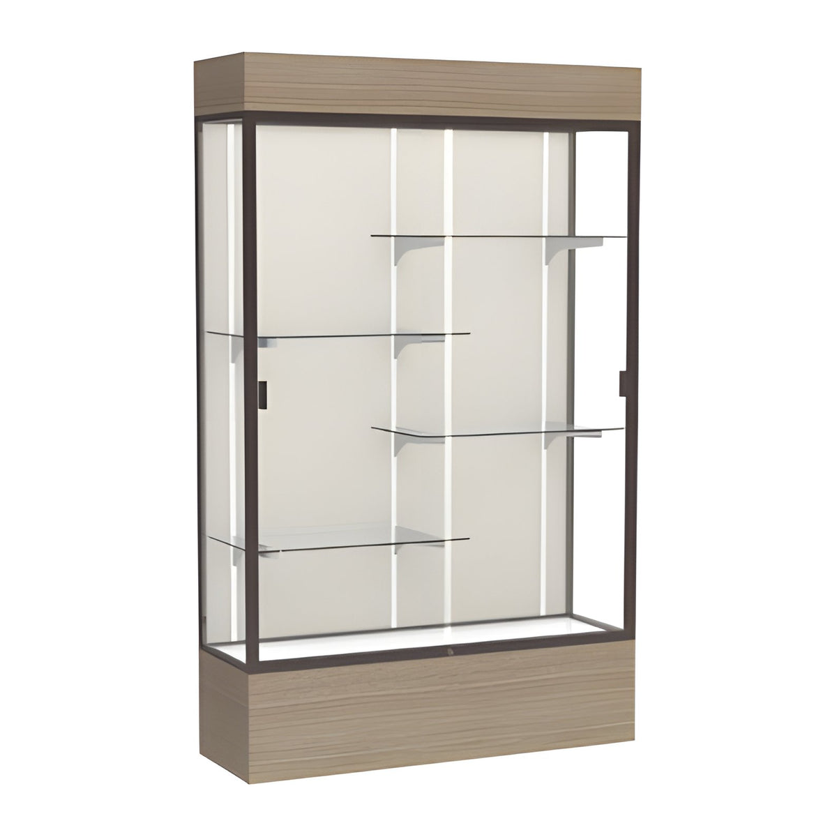 Reliant Lighted Driftwood Oak case, Plaque Fabric Back w/ Dark Bronze aluminum frame finish, 80"H x 48"W x 16"D