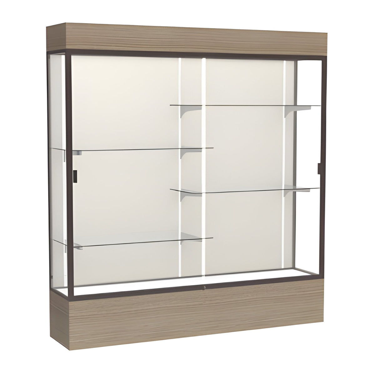 Reliant Lighted Driftwood Oak case, Plaque Fabric Back w/ Dark Bronze aluminum frame finish, 80"H x 72"W x 16"D