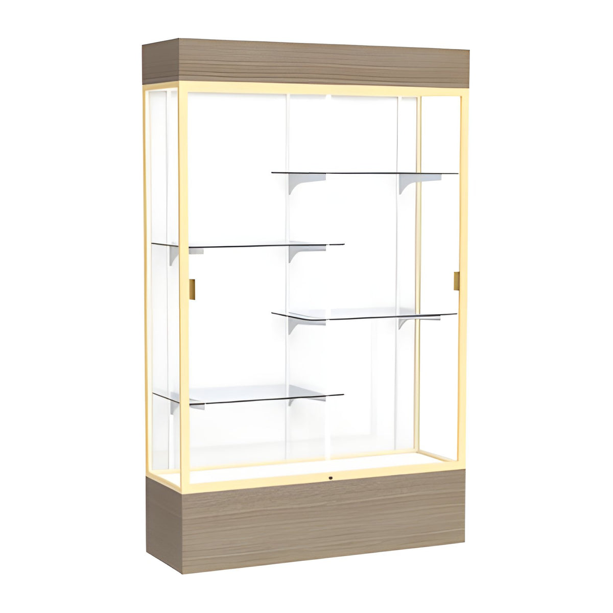 Reliant Lighted Driftwood Oak case, White Laminate Back w/ Champagne aluminum frame finish, 80"H x 48"W x 16"D