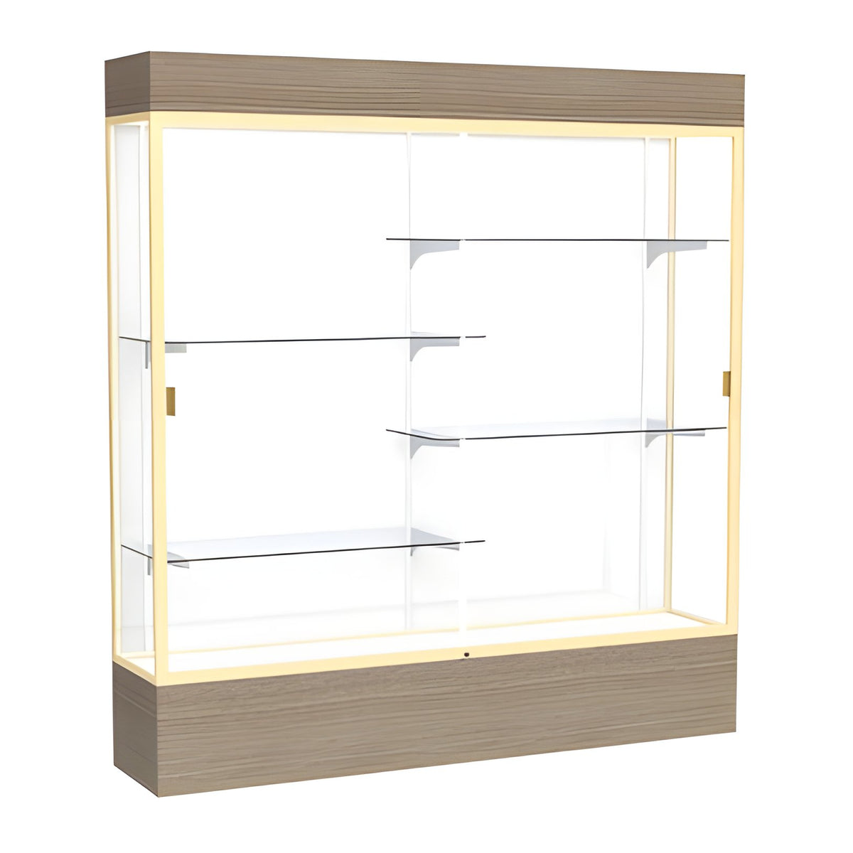 Reliant Lighted Driftwood Oak case, White Laminate Back w/ Champagne aluminum frame finish, 80"H x 72"W x 16"D