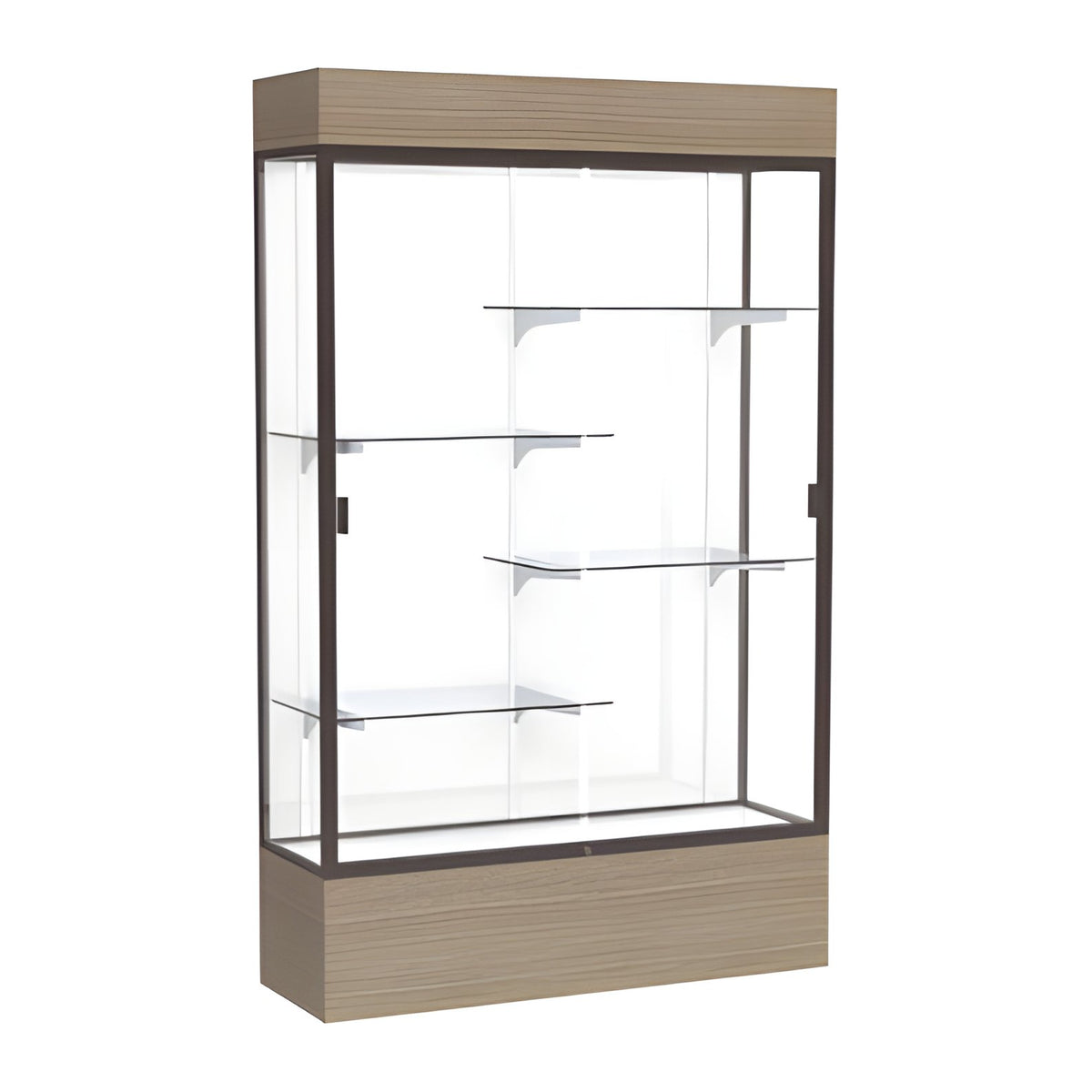 Reliant Lighted Driftwood Oak case, White Laminate Back w/ Dark Bronze aluminum frame finish, 80"H x 48"W x 16"D