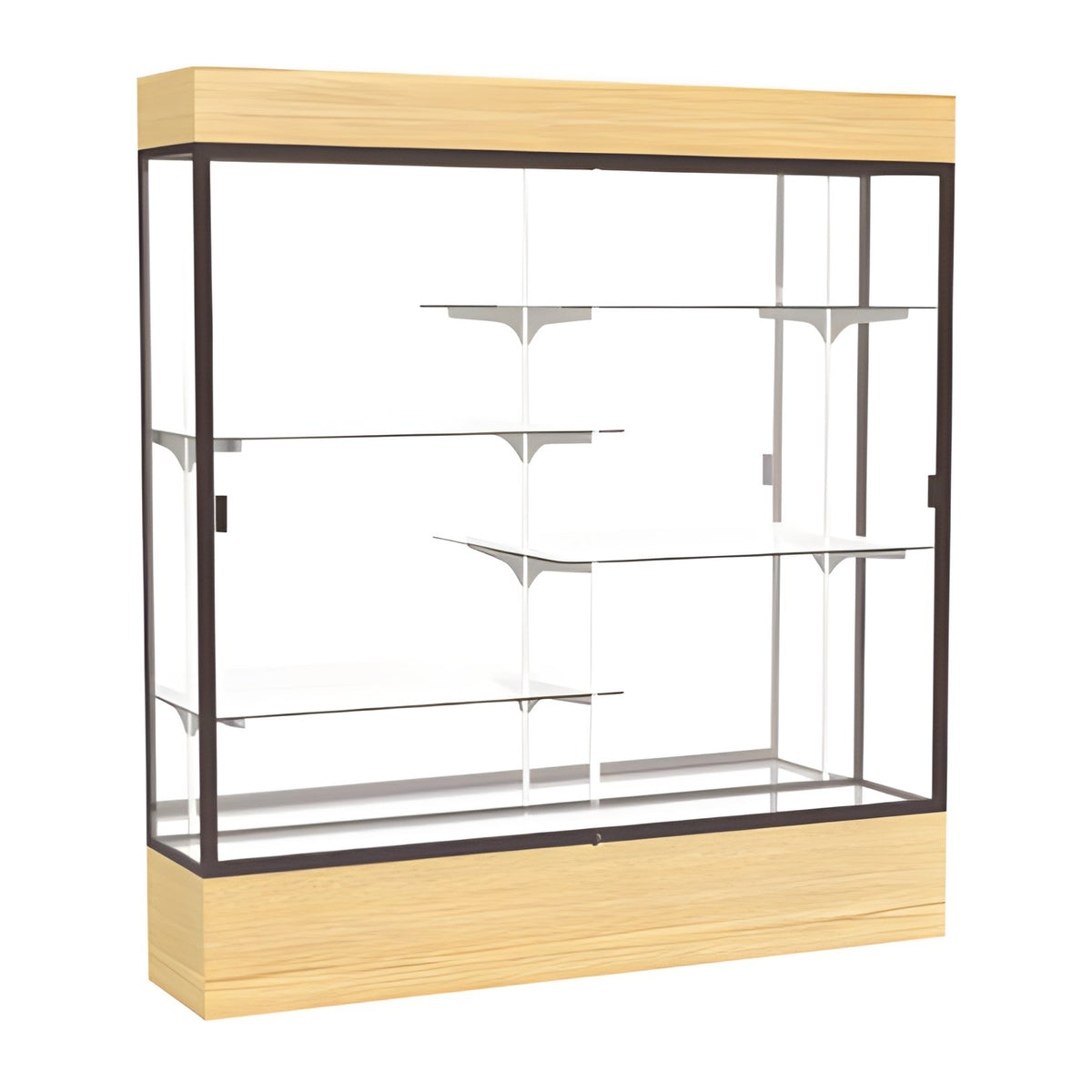 Reliant Lighted Light Oak Vinyl case, Mirror Back w/ Dark Bronze aluminum frame finish, 80"H x 72"W x 16"D