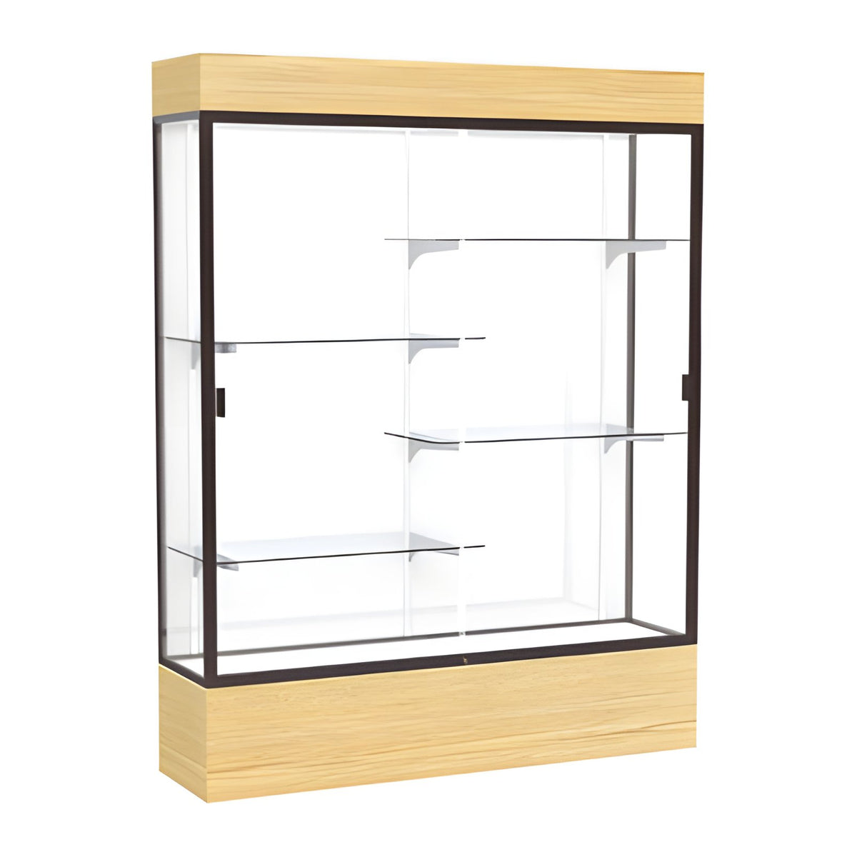 Reliant Lighted Light Oak Vinyl case, White Laminate Back w/ Dark Bronze aluminum frame finish, 80"H x 60"W x 16"D