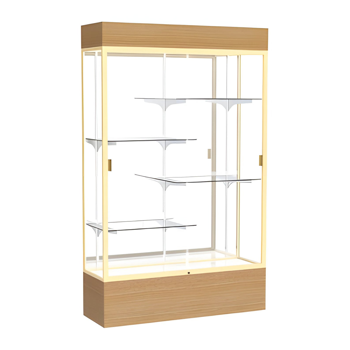 Reliant Lighted Natural Oak case, Mirror Back w/ Champagne aluminum frame finish, 80"H x 48"W x 16"D