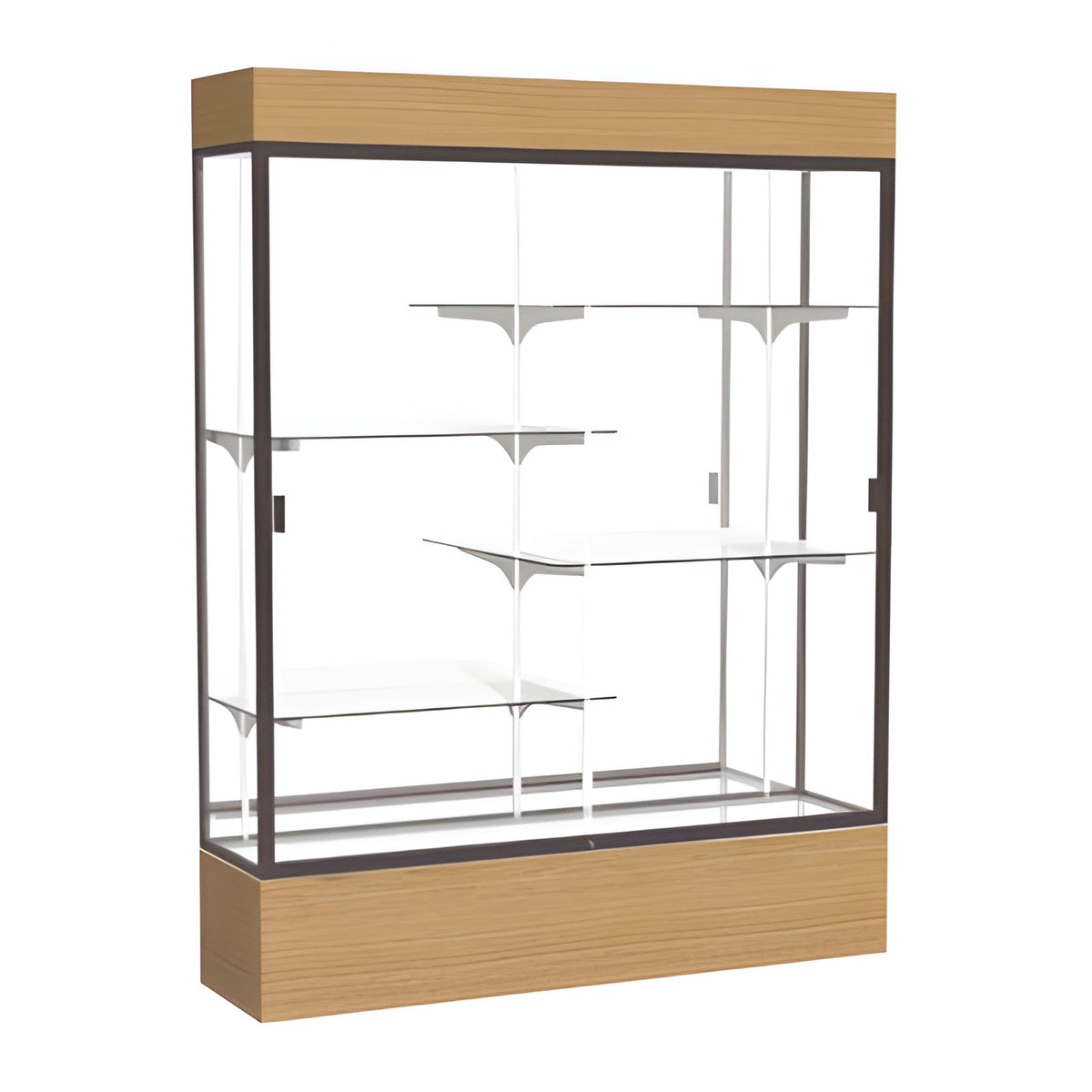 Reliant Lighted Natural Oak case, Mirror Back w/ Dark Bronze aluminum frame finish, 80"H x 60"W x 16"D