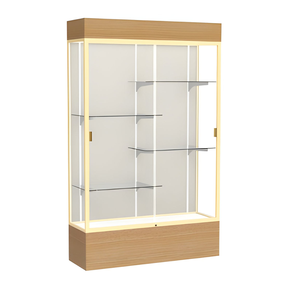 Reliant Lighted Natural Oak case, Plaque Fabric Back w/ Champagne aluminum frame finish, 80"H x 48"W x 16"D