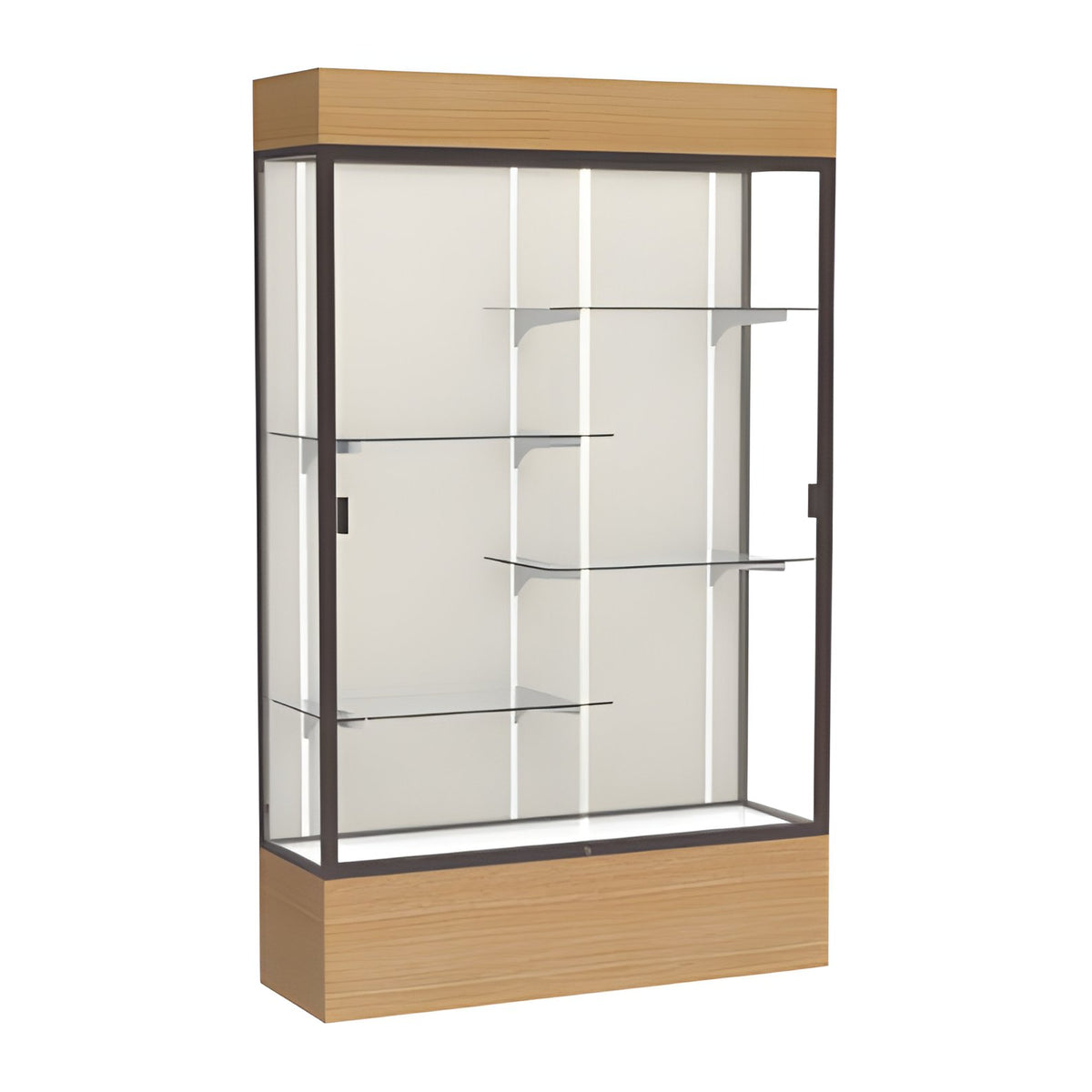 Reliant Lighted Natural Oak case, Plaque Fabric Back w/ Dark Bronze aluminum frame finish, 80"H x 48"W x 16"D