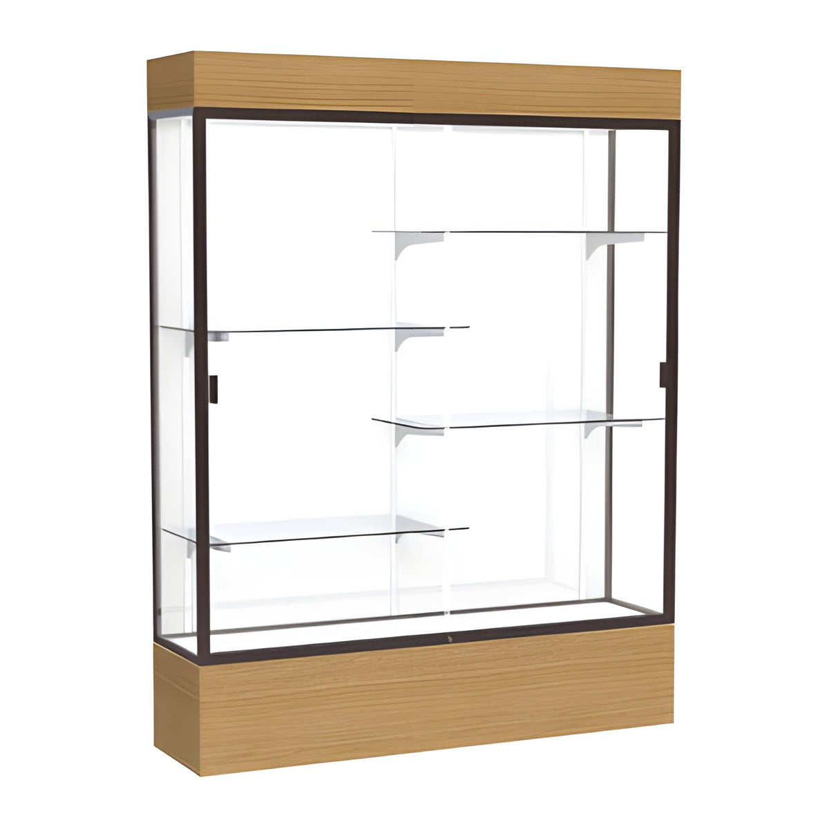 Reliant Lighted Natural Oak case, White Laminate Back w/ Dark Bronze aluminum frame finish, 80"H x 60"W x 16"D