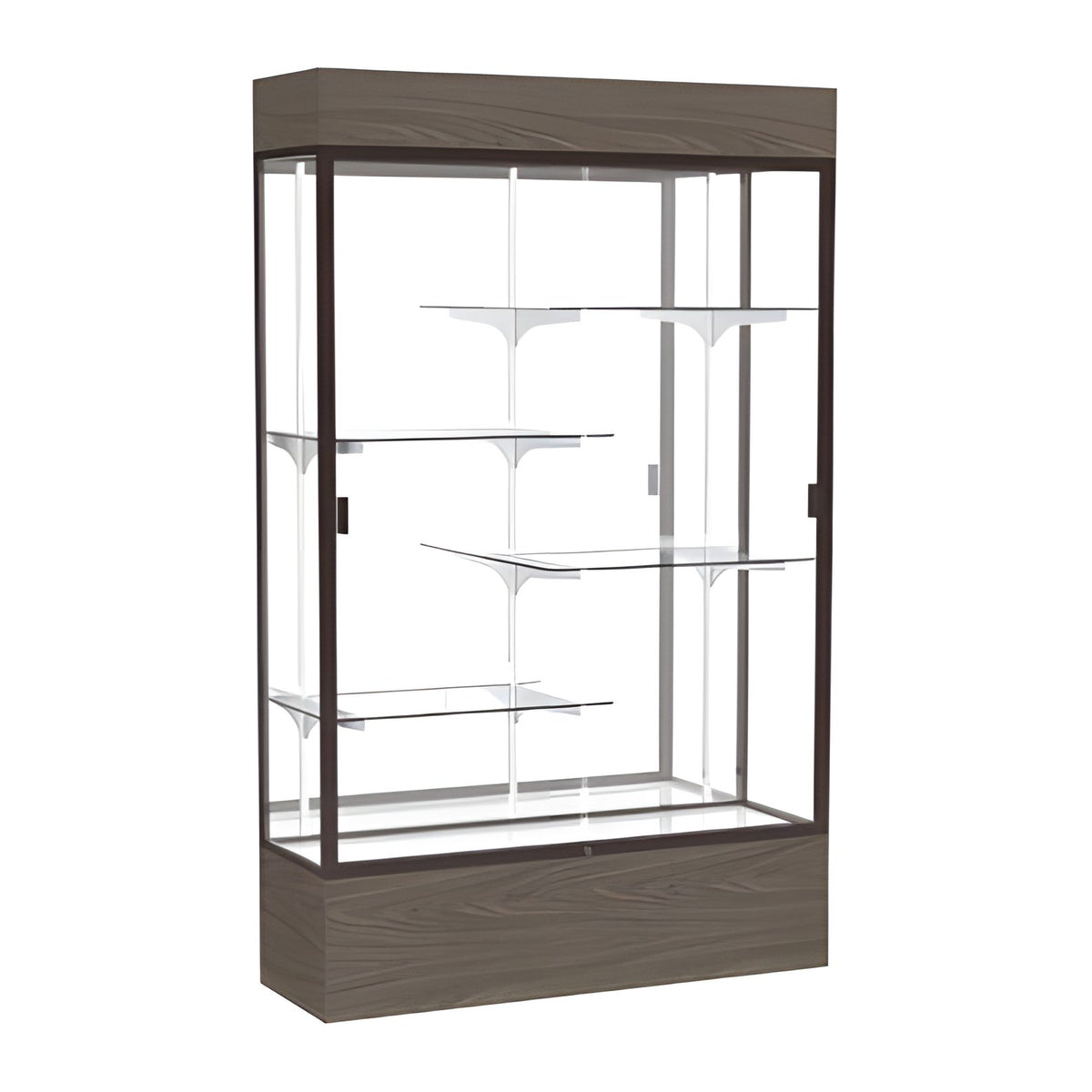 Reliant Lighted Walnut Vinyl case, Mirror Back w/ Dark Bronze aluminum frame finish, 80"H x 48"W x 16"D