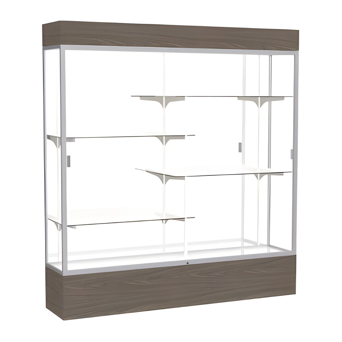 Reliant Lighted Walnut Vinyl case, Mirror Back w/ Satin Natural aluminum frame finish, 80"H x 72"W x 16"D