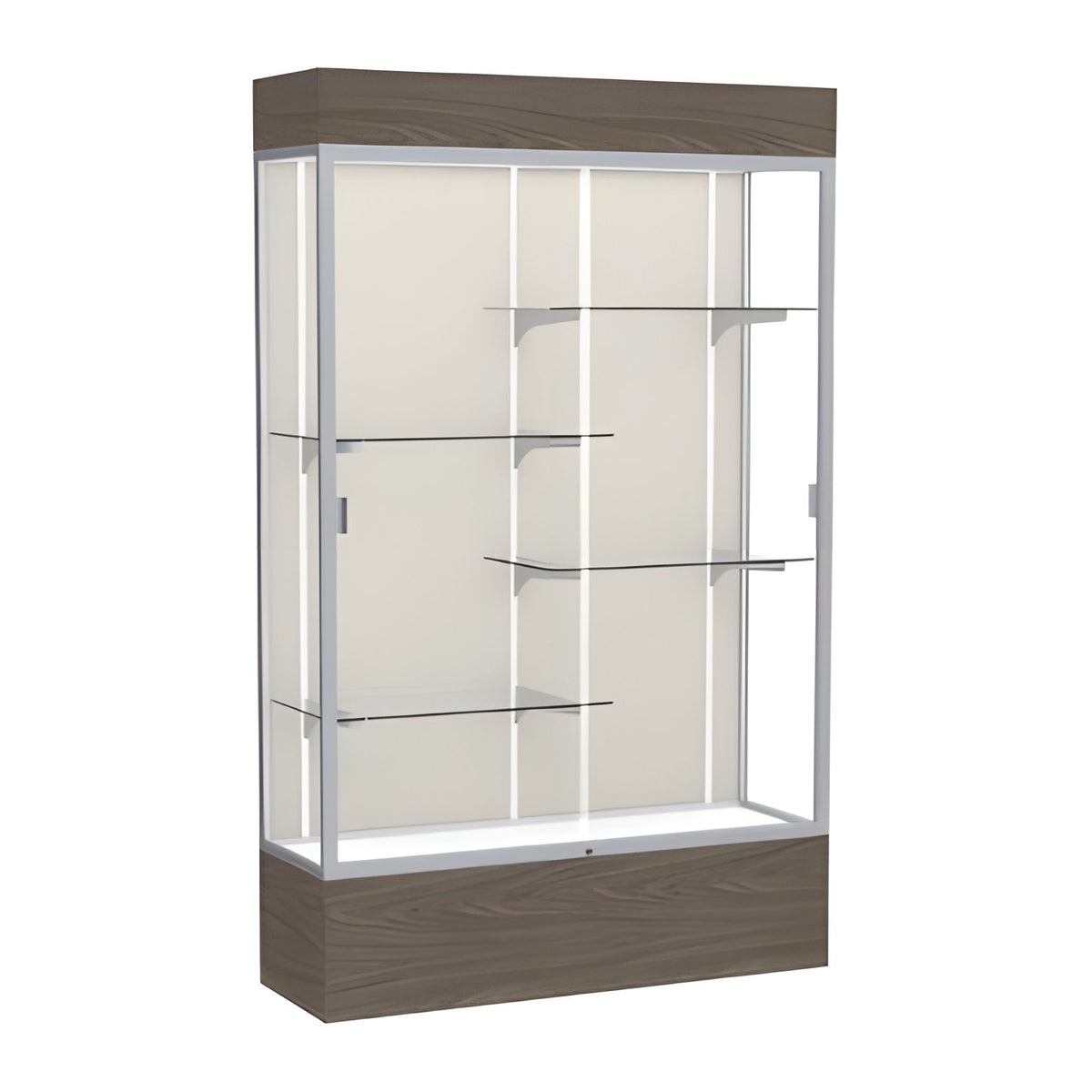 Reliant Lighted Walnut Vinyl case, Plaque Fabric Back w/ Satin Natural aluminum frame finish, 80"H x 48"W x 16"D