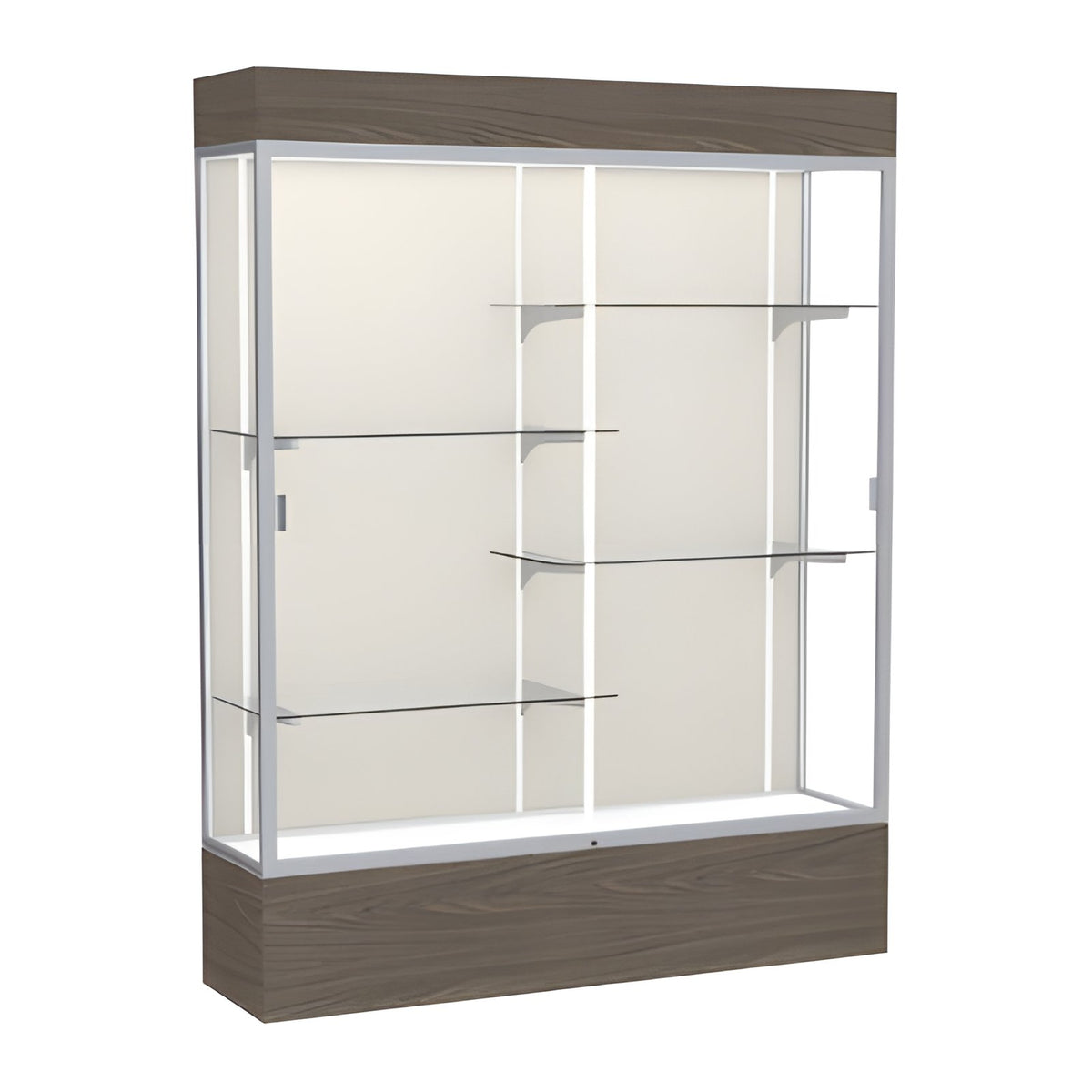Reliant Lighted Walnut Vinyl case, Plaque Fabric Back w/ Satin Natural aluminum frame finish, 80"H x 60"W x 16"D