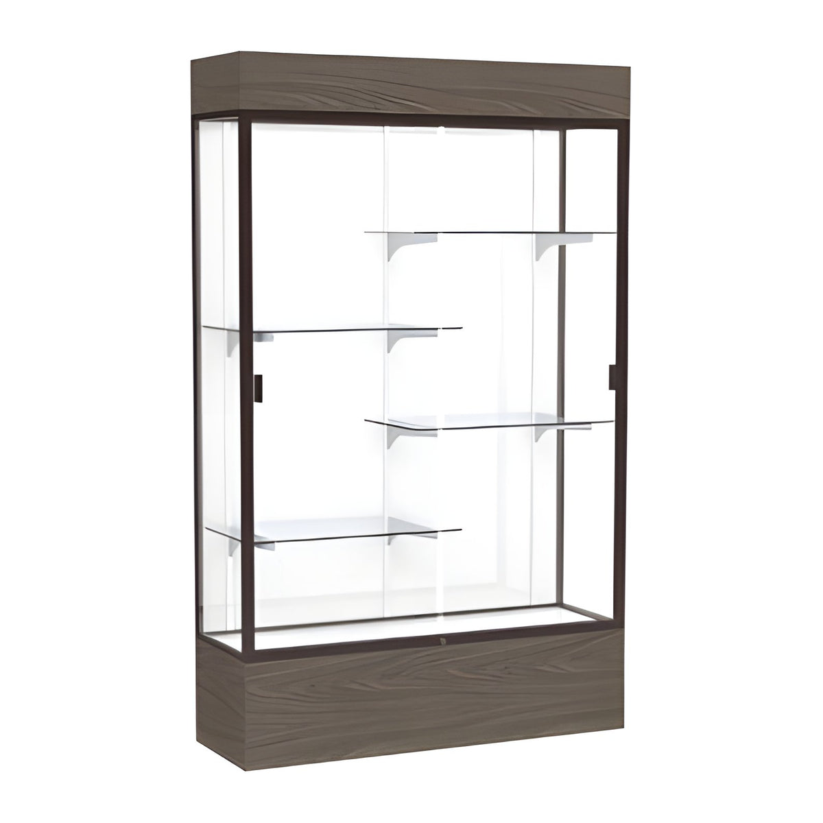 Reliant Lighted Walnut Vinyl case, White Laminate Back w/ Dark Bronze aluminum frame finish, 80"H x 48"W x 16"D