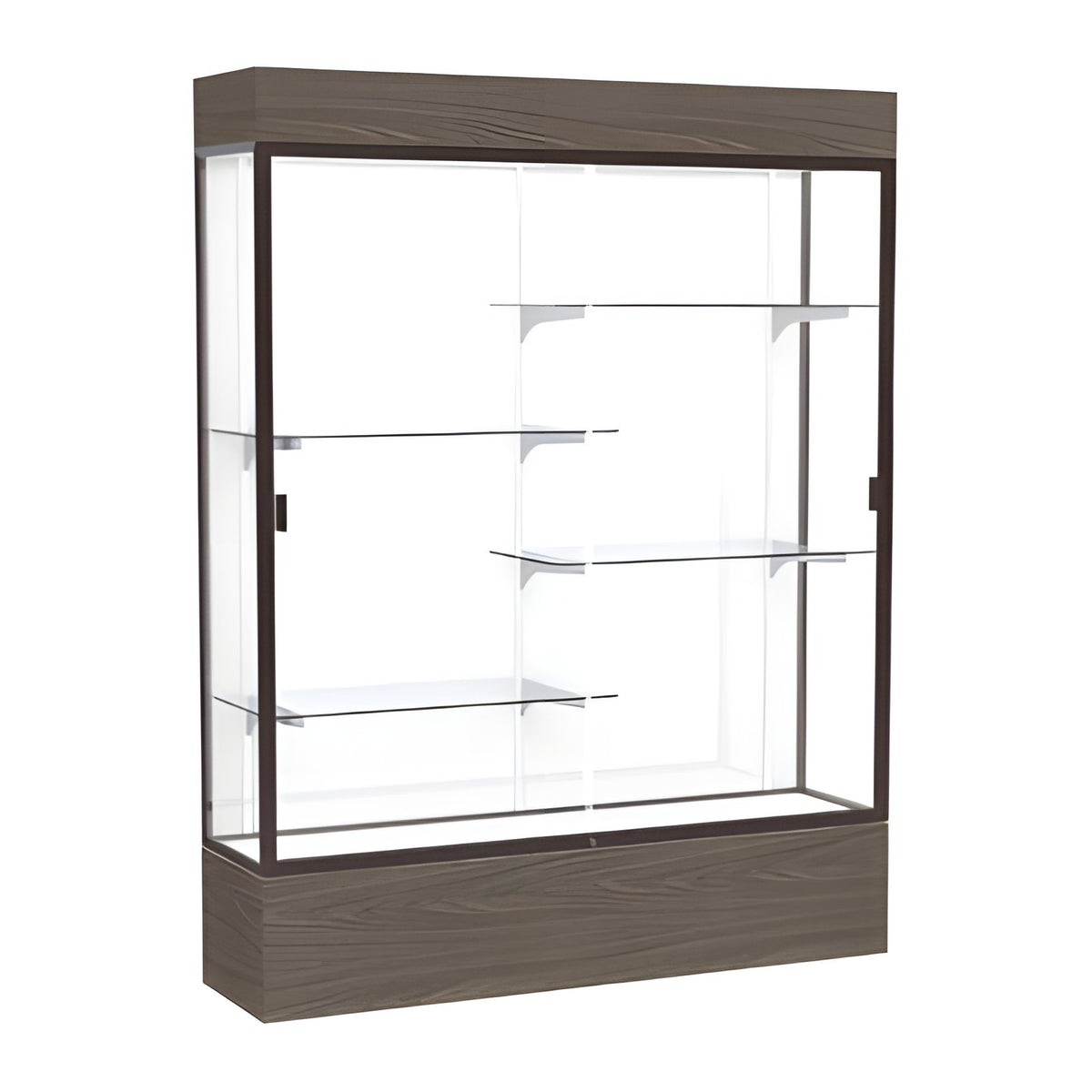 Reliant Lighted Walnut Vinyl case, White Laminate Back w/ Dark Bronze aluminum frame finish, 80"H x 60"W x 16"D