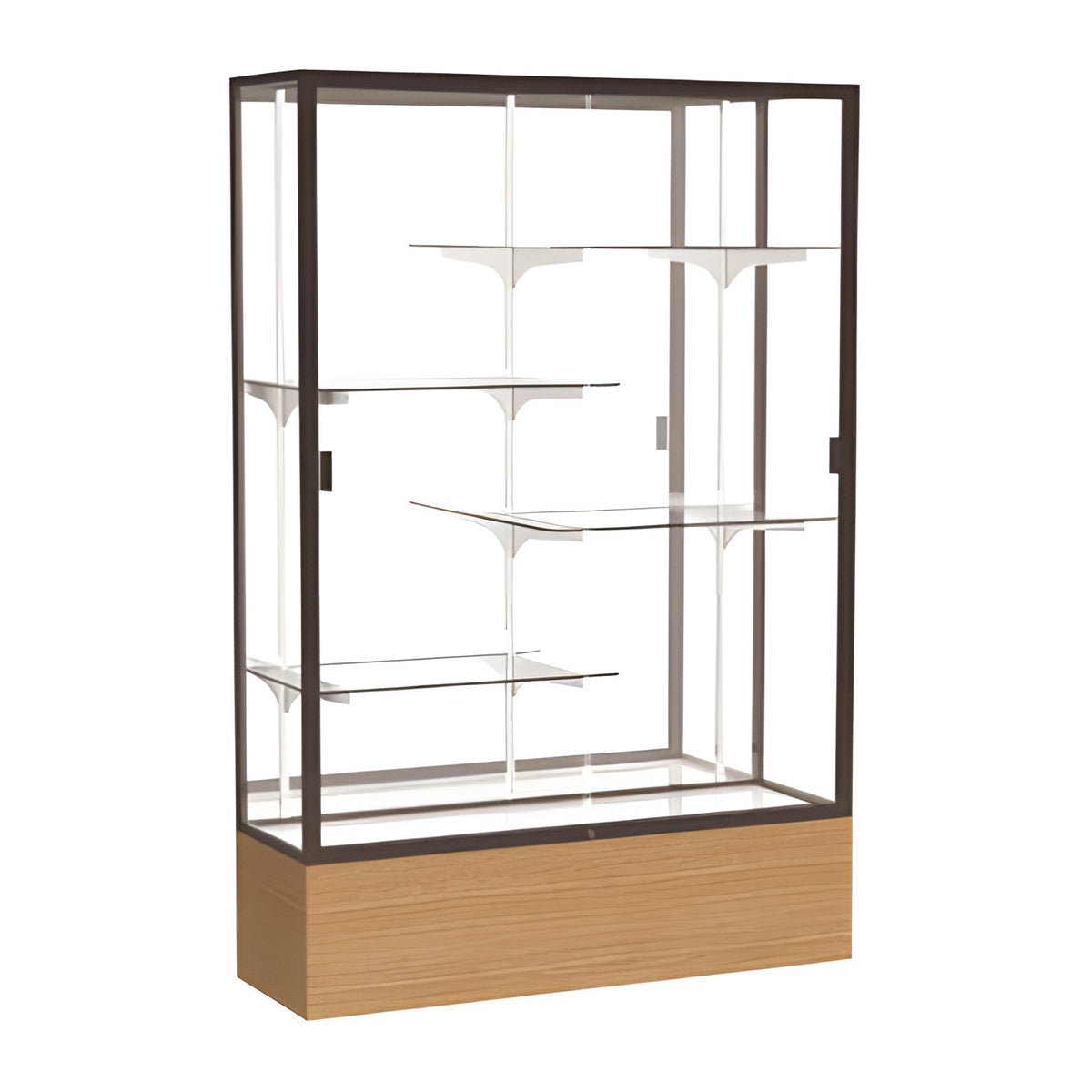 Reliant Natural Oak case, Mirror Back w/ Dark Bronze aluminum frame finish, 72"H x 48"W x 16"D