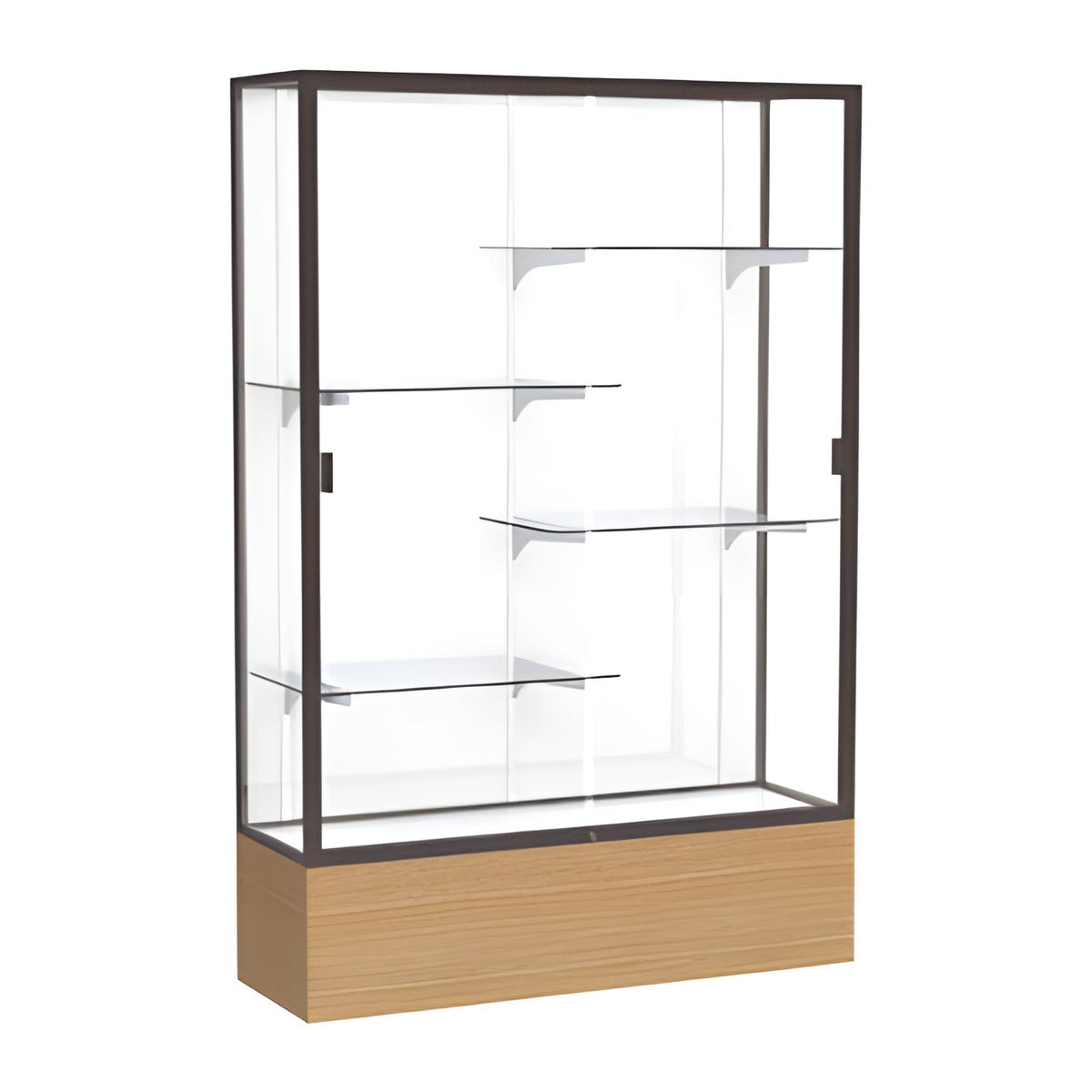 Reliant Natural Oak case, White Laminate Back w/ Dark Bronze aluminum frame finish, 72"H x 48"W x 16"D
