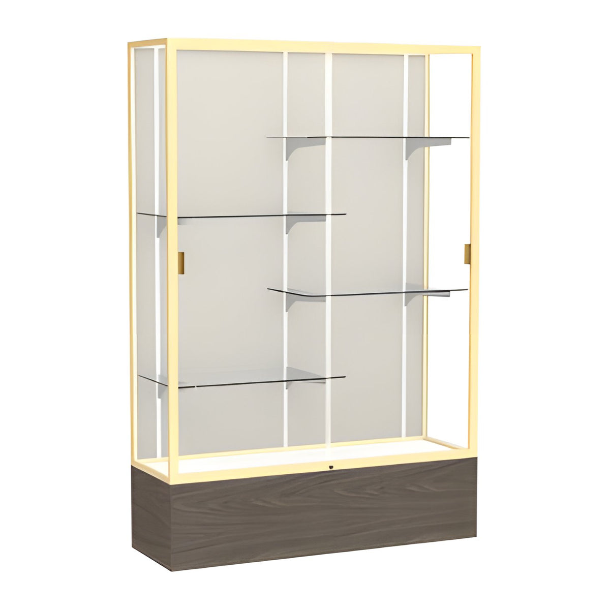 Reliant Walnut Vinyl case, Plaque Fabric Back w/ Champagne aluminum frame finish, 72"H x 48"W x 16"D